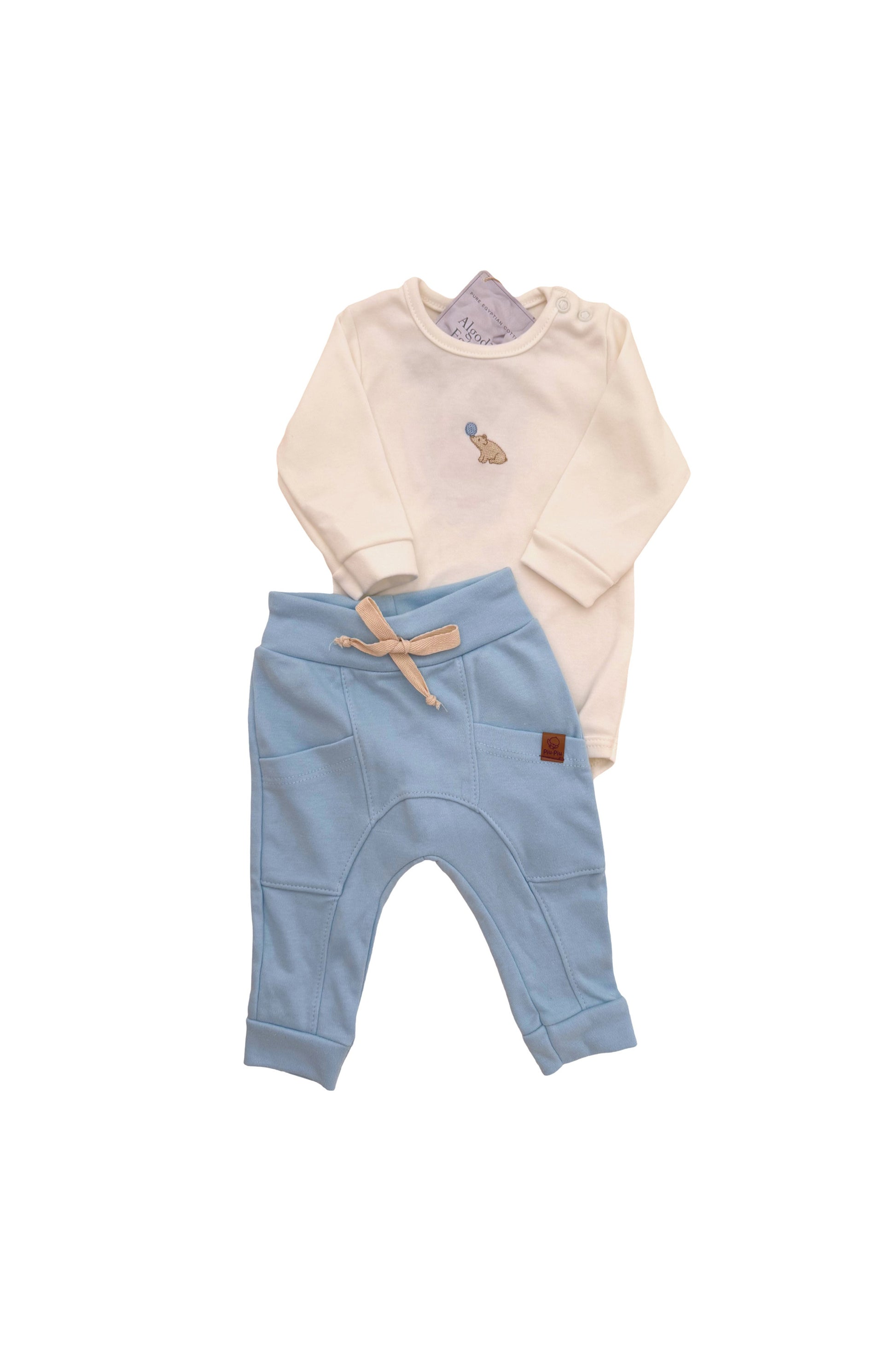 Conjunto para Bebê em Algodão Egípcio - Calça e Body Bordado Ursinho