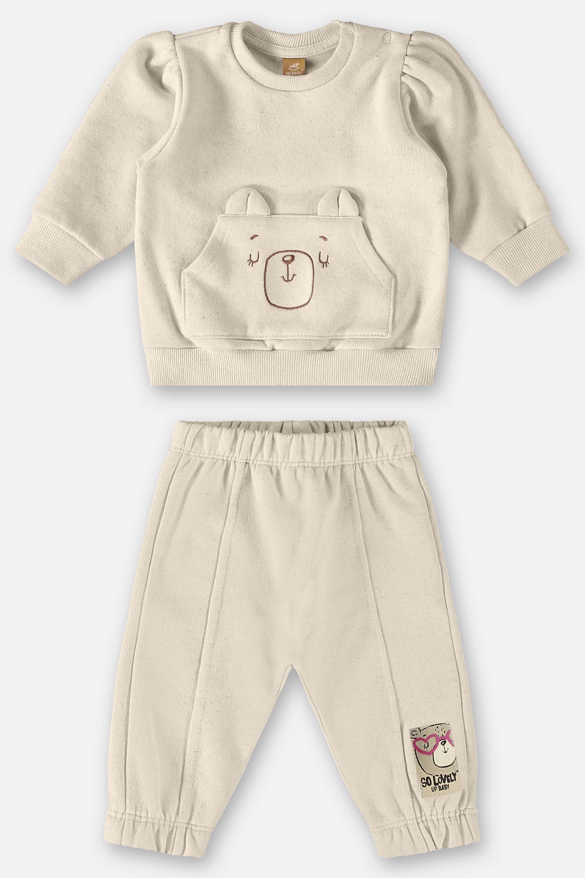 Conjunto Infantil em Moletom Bege com Bordado de Ursinho Fofo e Bolso — foto 2