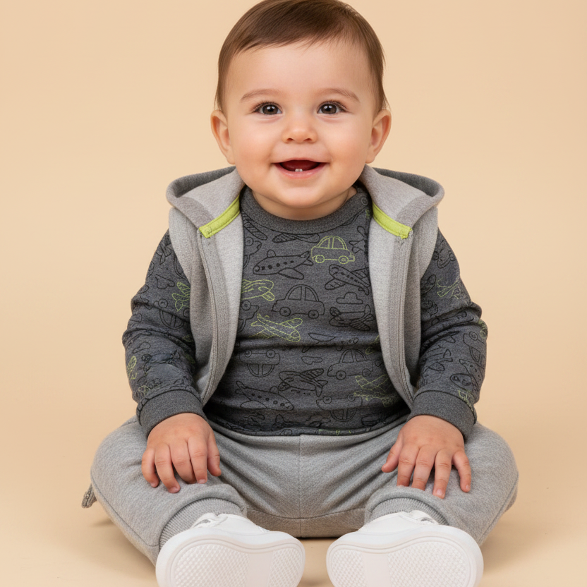 Conjunto Body Estampa Aviões, Colete e Calça em Plush Cinza