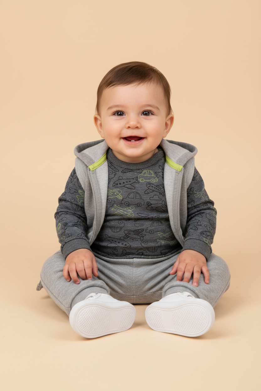 Conjunto Body Estampa Aviões, Colete e Calça em Plush Cinza
