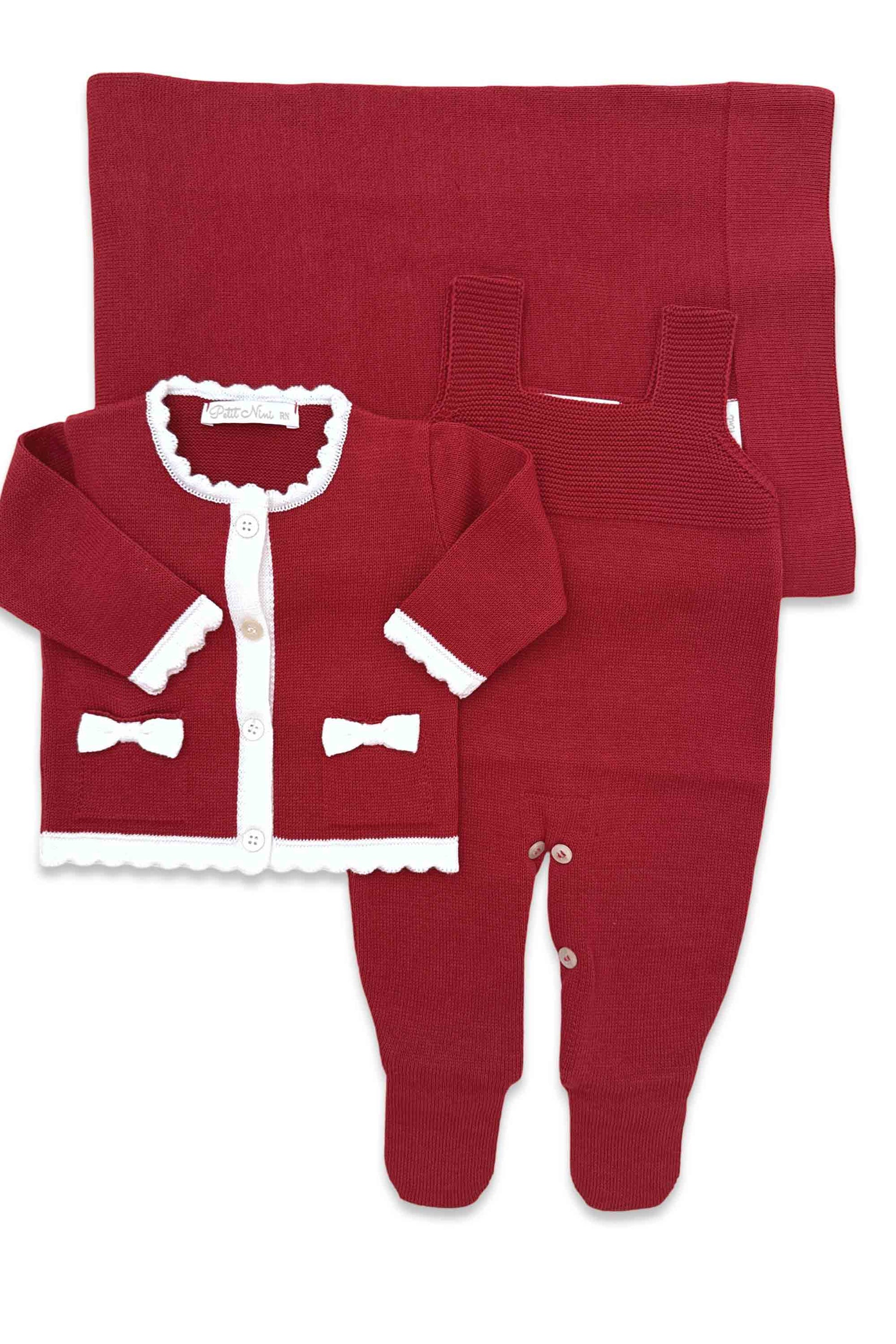 Conjunto de Tricô para Maternidade Jardineira Cardigan e Manta Gabbrielle Vermelho — foto 2