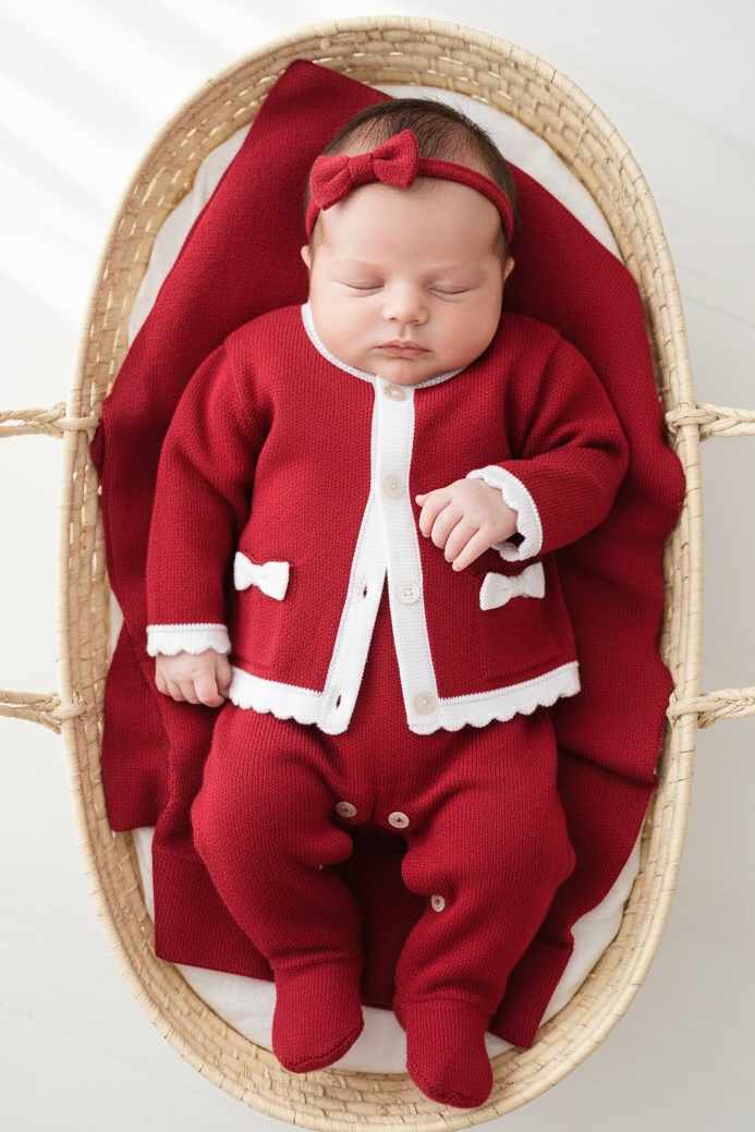 Conjunto de Tricô para Maternidade - Jardineira, Cardigan e Manta Gabbrielle Vermelho