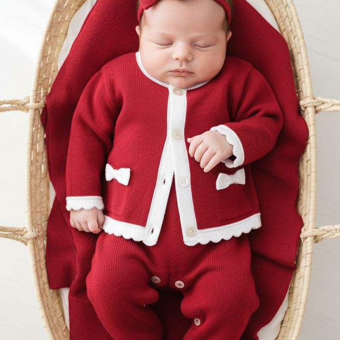 Conjunto de Tricô para Maternidade - Jardineira, Cardigan e Manta Gabbrielle Vermelho