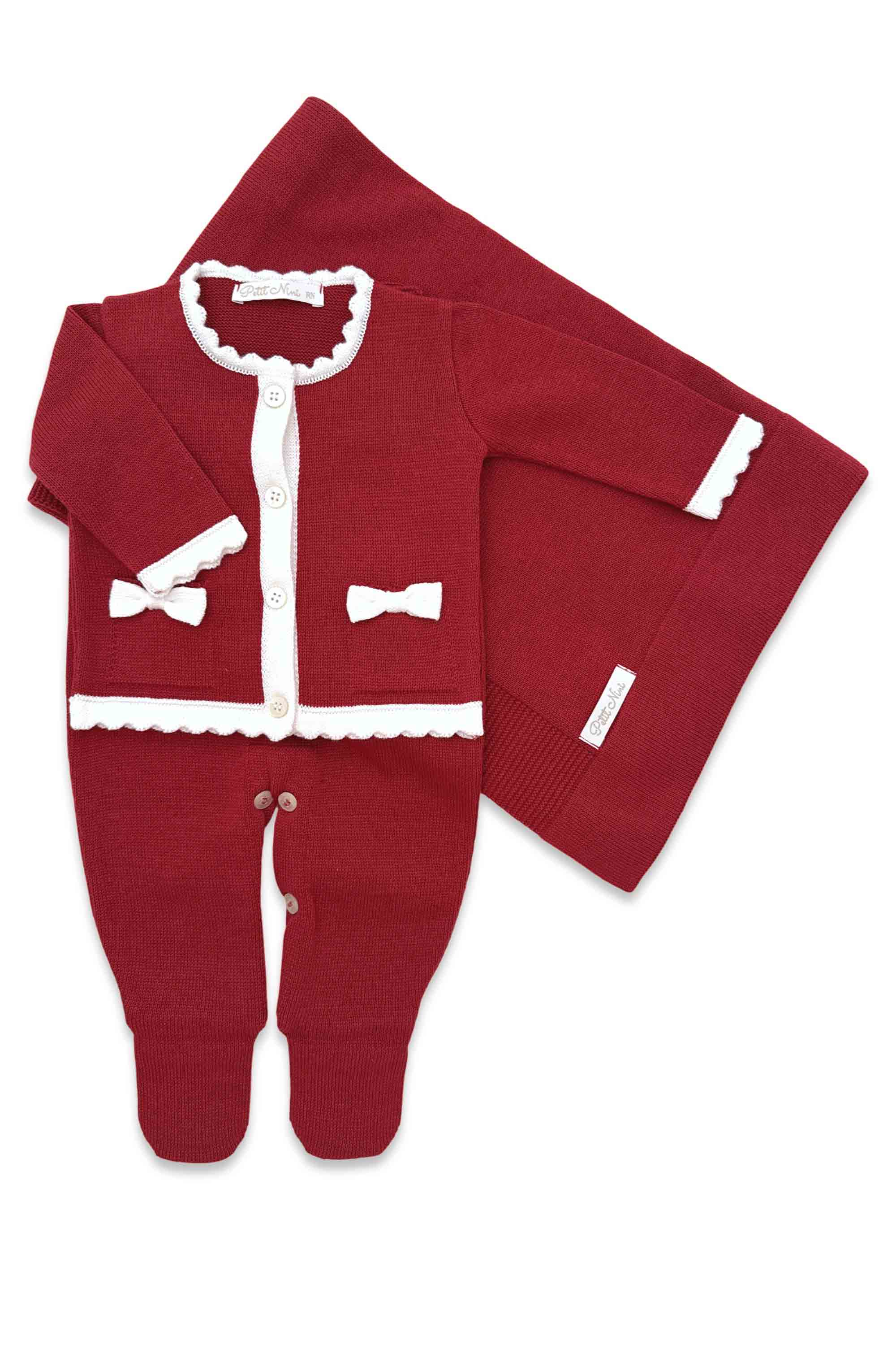 Conjunto de Tricô para Maternidade Jardineira Cardigan e Manta Gabbrielle Vermelho — foto 1