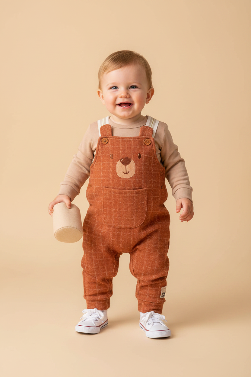 Conjunto Jardineira Urso Xadrez Marrom e Body Suedine