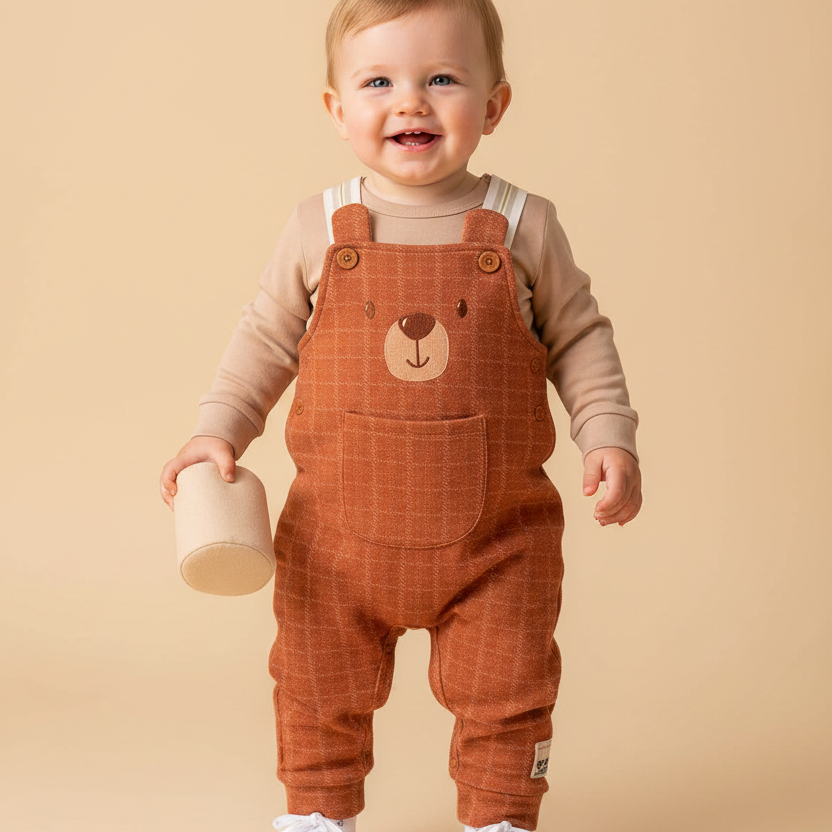 Conjunto Jardineira Urso Xadrez Marrom e Body Suedine