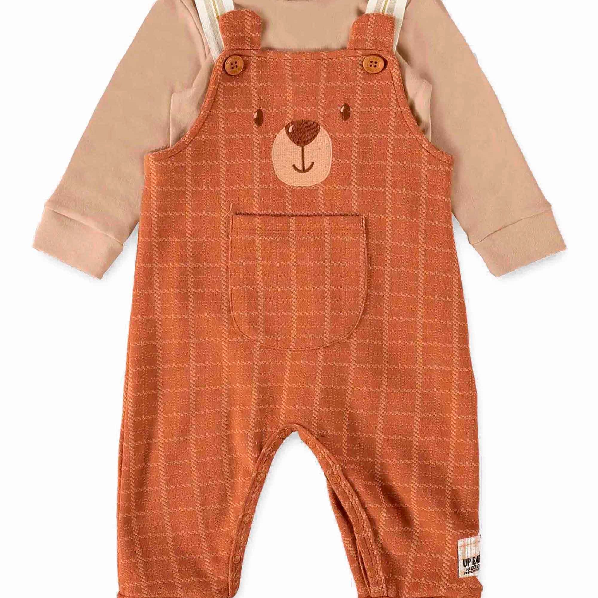 Conjunto Jardineira Urso Xadrez Marrom e Body Suedine — foto 1