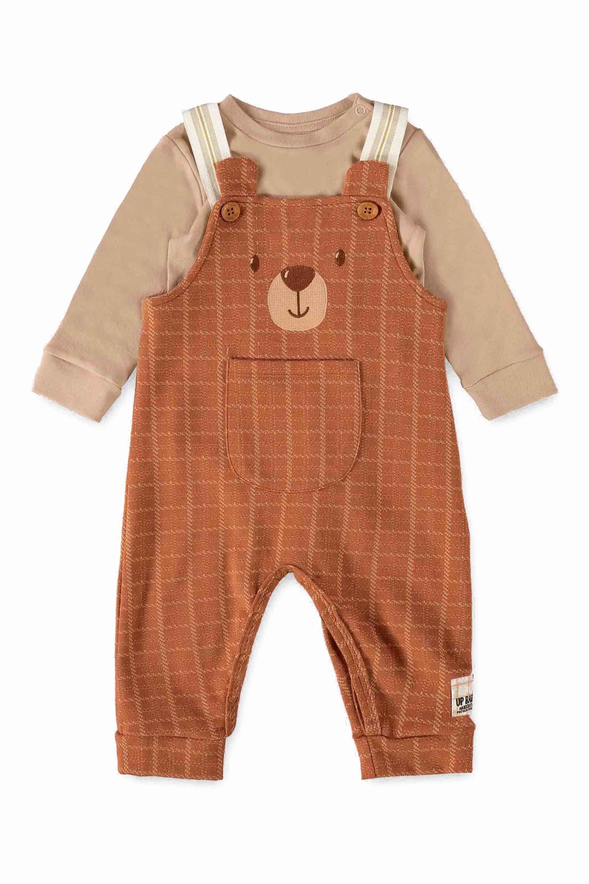 Conjunto Jardineira Urso Xadrez Marrom e Body Suedine — foto 1
