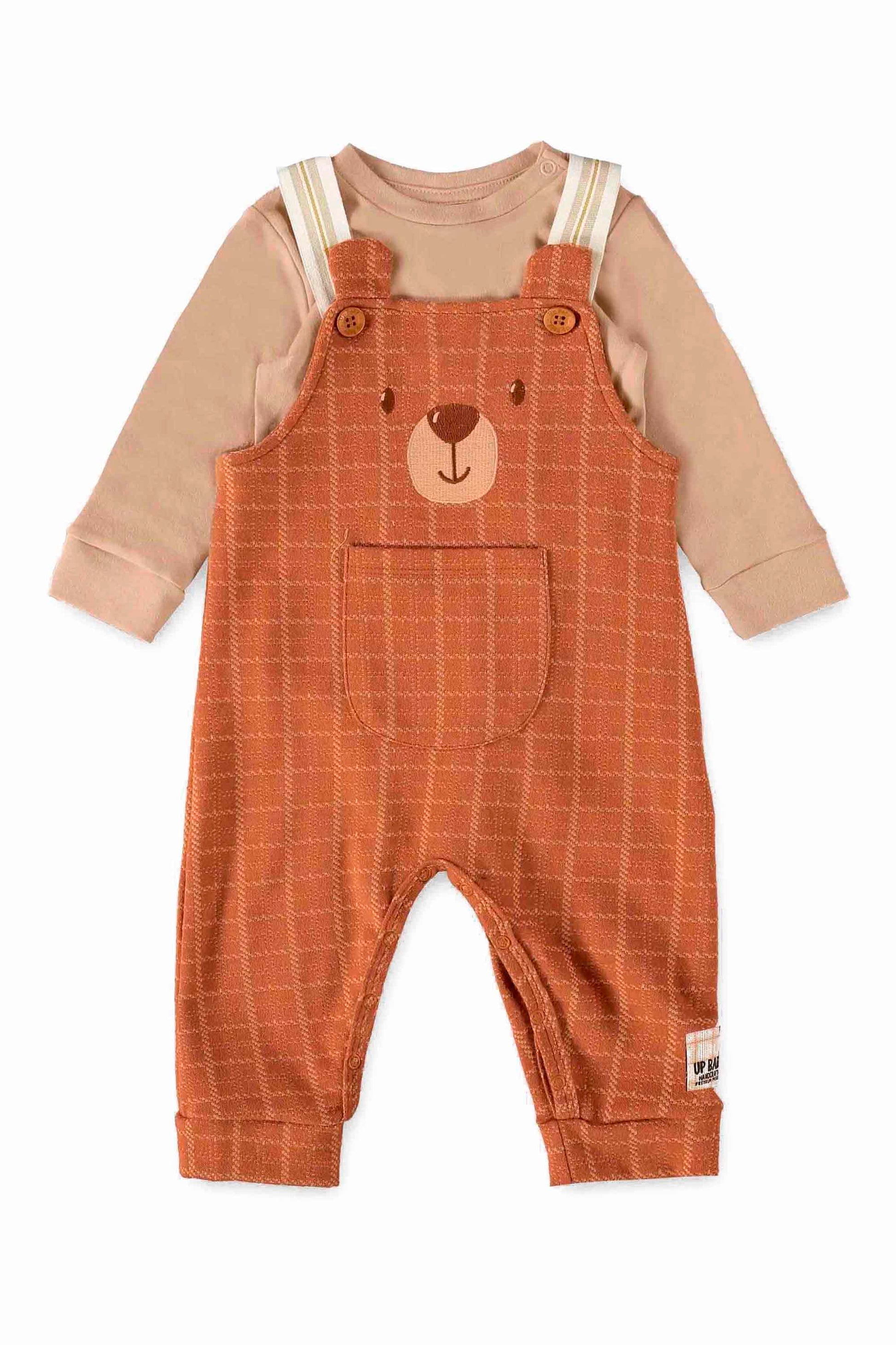 Conjunto Jardineira Urso Xadrez Marrom e Body Suedine — foto 1