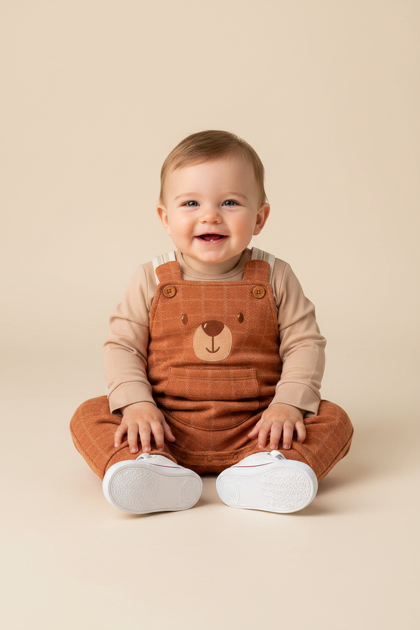Conjunto Jardineira Urso Xadrez Marrom e Body Suedine