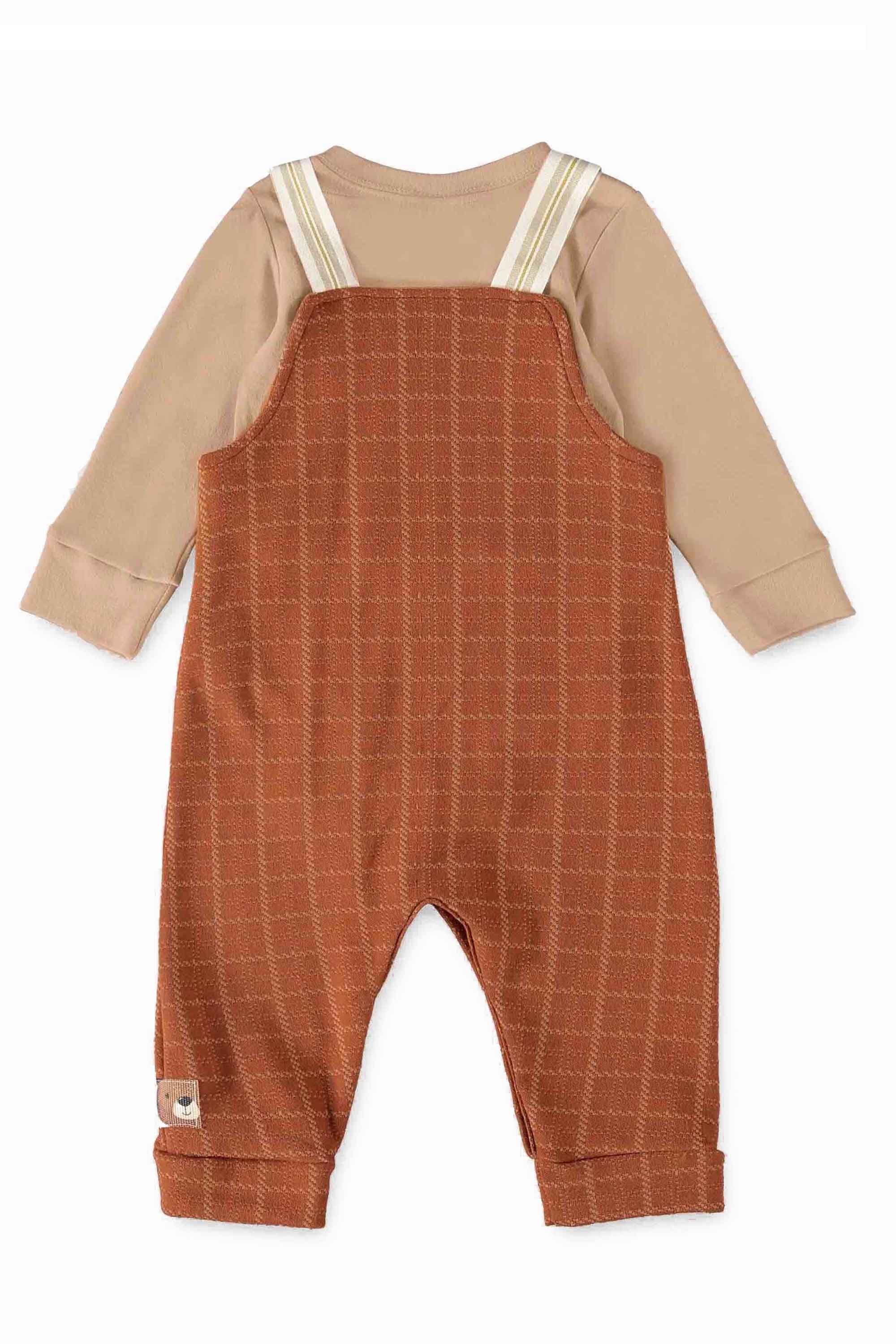 Conjunto Jardineira Urso Xadrez Marrom e Body Suedine — foto 2
