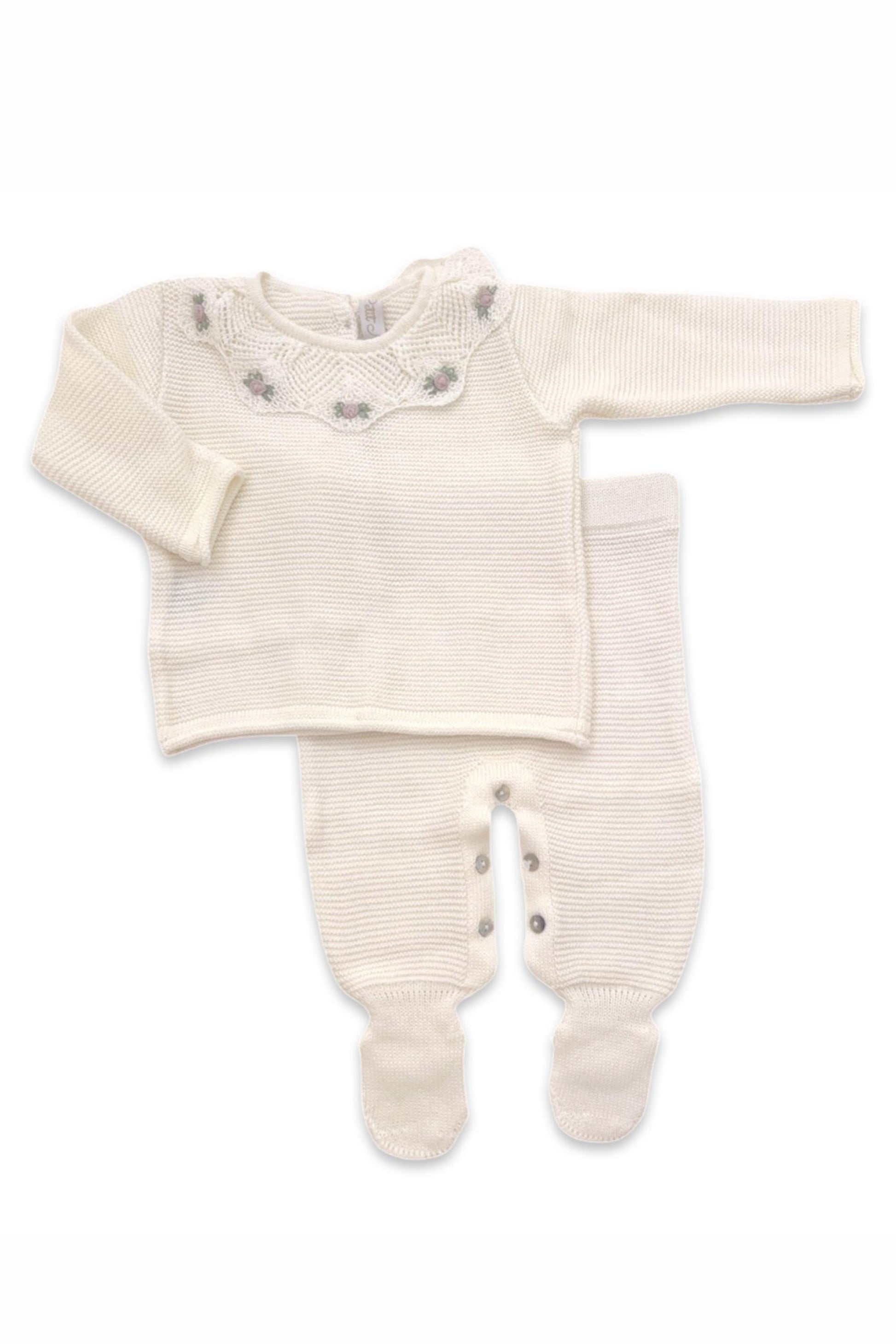 Conjunto Maternidade Blusa e Calça Tricô Bordado Rococó Giulia Off White — foto 3