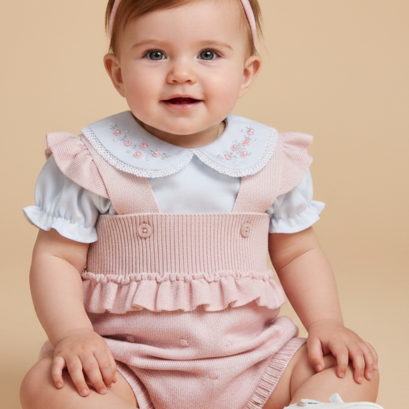 Conjunto Romper em Tricô Rosa e Body Bordado Algodão Pima