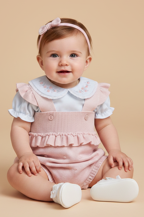 Conjunto Romper em Tricô Rosa e Body Bordado Algodão Pima