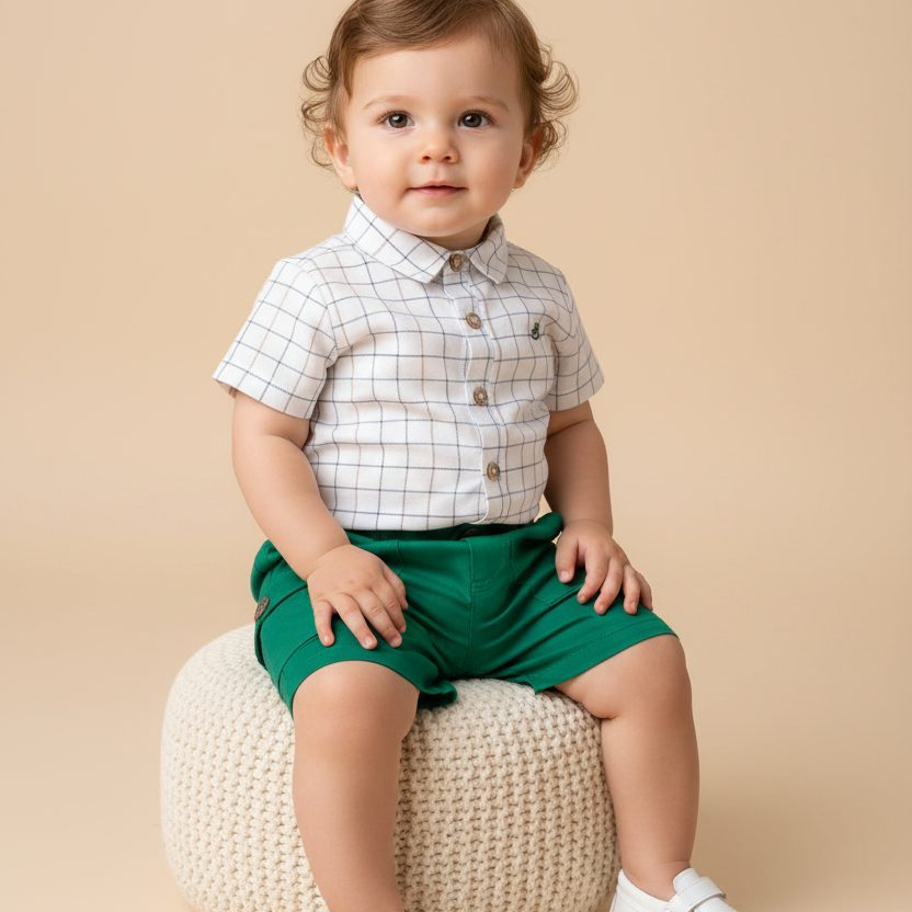 Conjunto Body Camisa Xadrez e Bermuda Elegância Verde