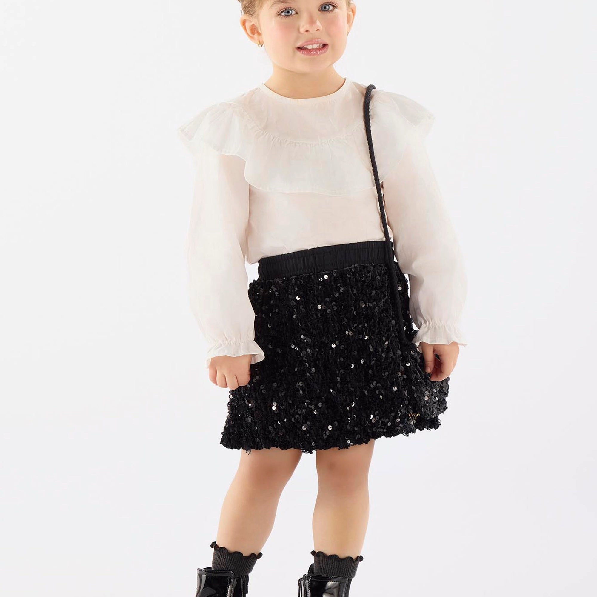 Conjunto Infantil em Veludo Paetê com Blusa Saia e Bolsa para Meninas — foto 1