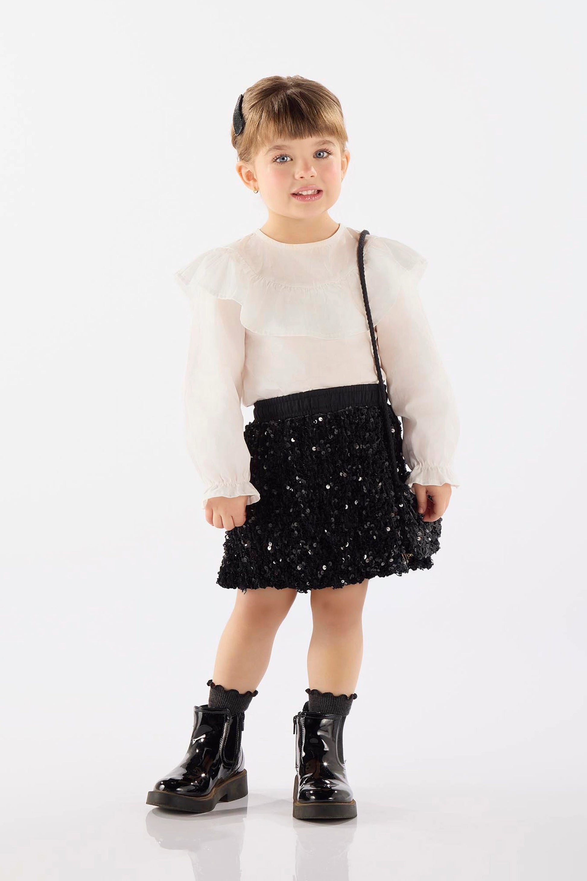 Conjunto Infantil em Veludo Paetê com Blusa Saia e Bolsa para Meninas — foto 1