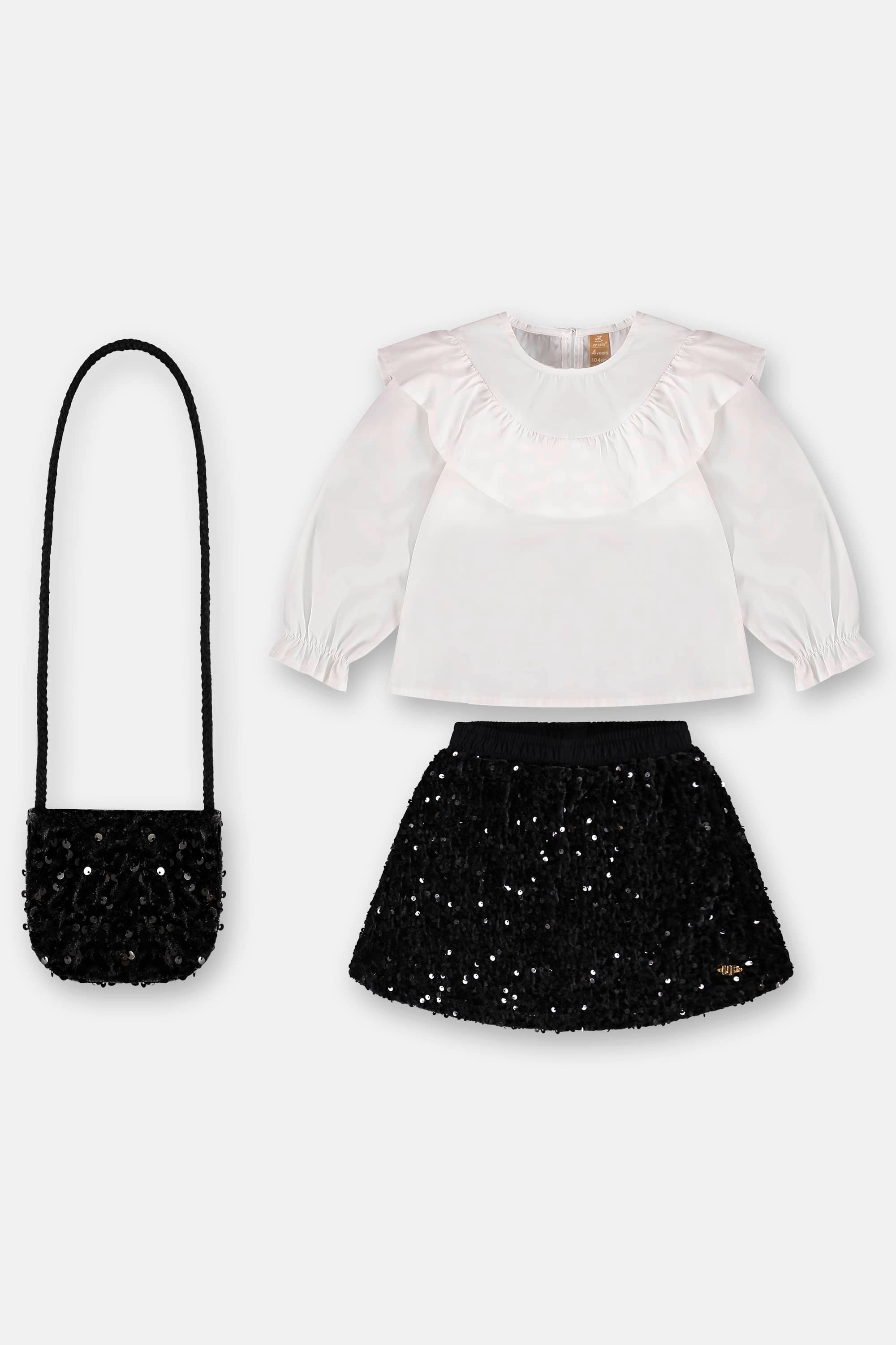 Conjunto Infantil em Veludo Paetê com Blusa Saia e Bolsa para Meninas — foto 2