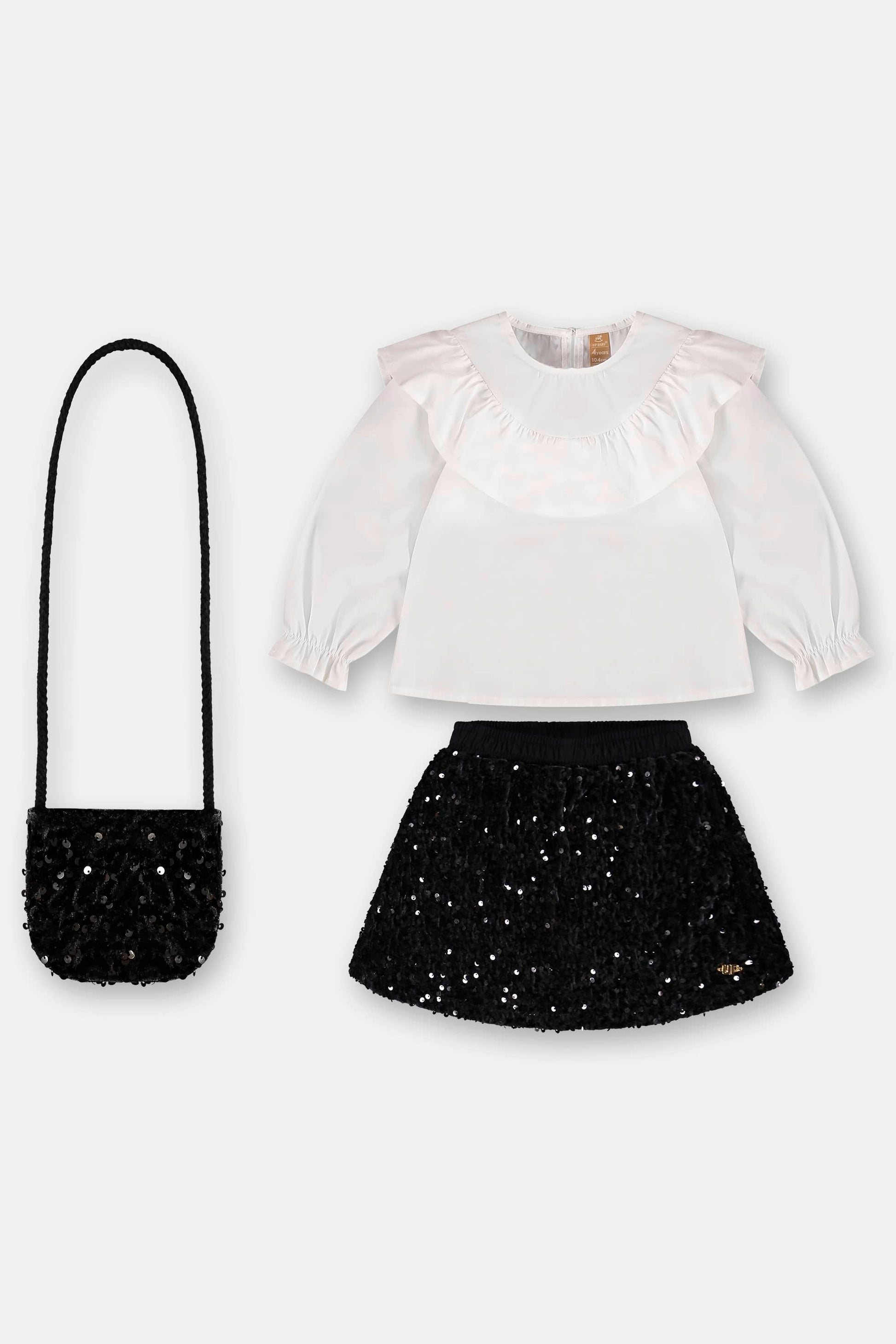 Conjunto Infantil em Veludo Paetê com Blusa Saia e Bolsa para Meninas — foto 2