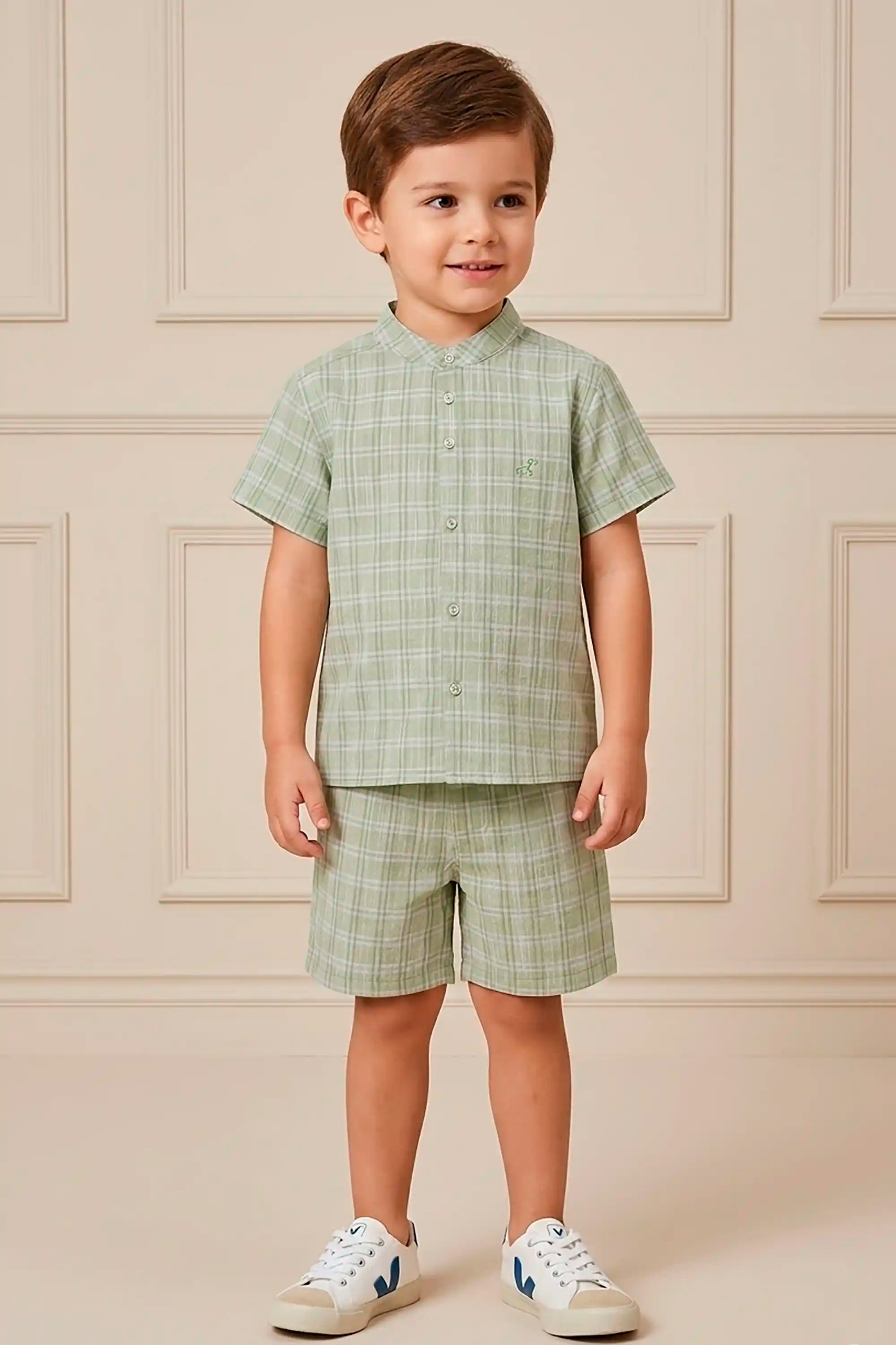 Conjunto Infantil Camisa e Bermuda Xadrez Pistache — foto 1