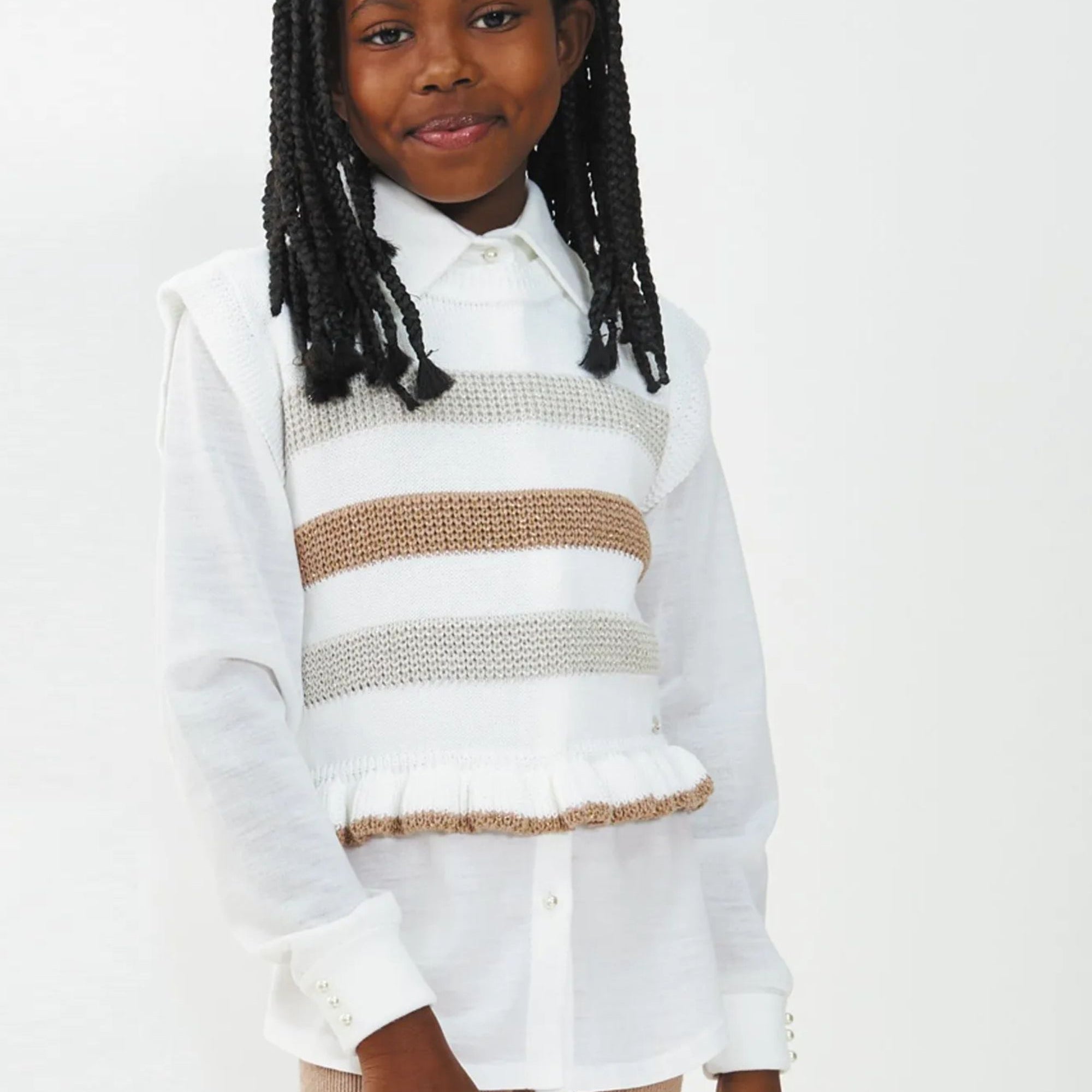 Colete em Tricot Infantil Listrado Lurex Branco para Meninas — foto 1