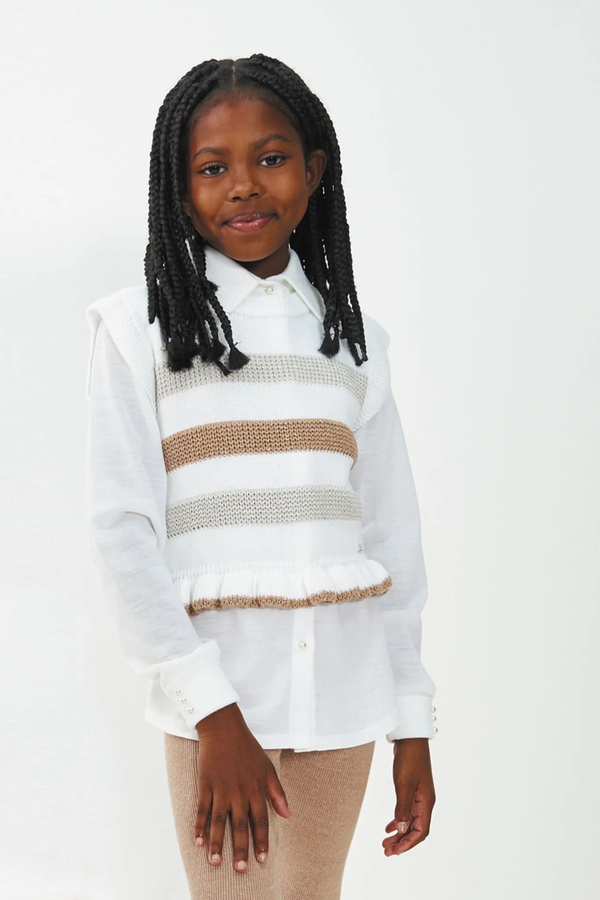 Colete em Tricot Infantil Listrado Lurex Branco para Meninas — foto 1