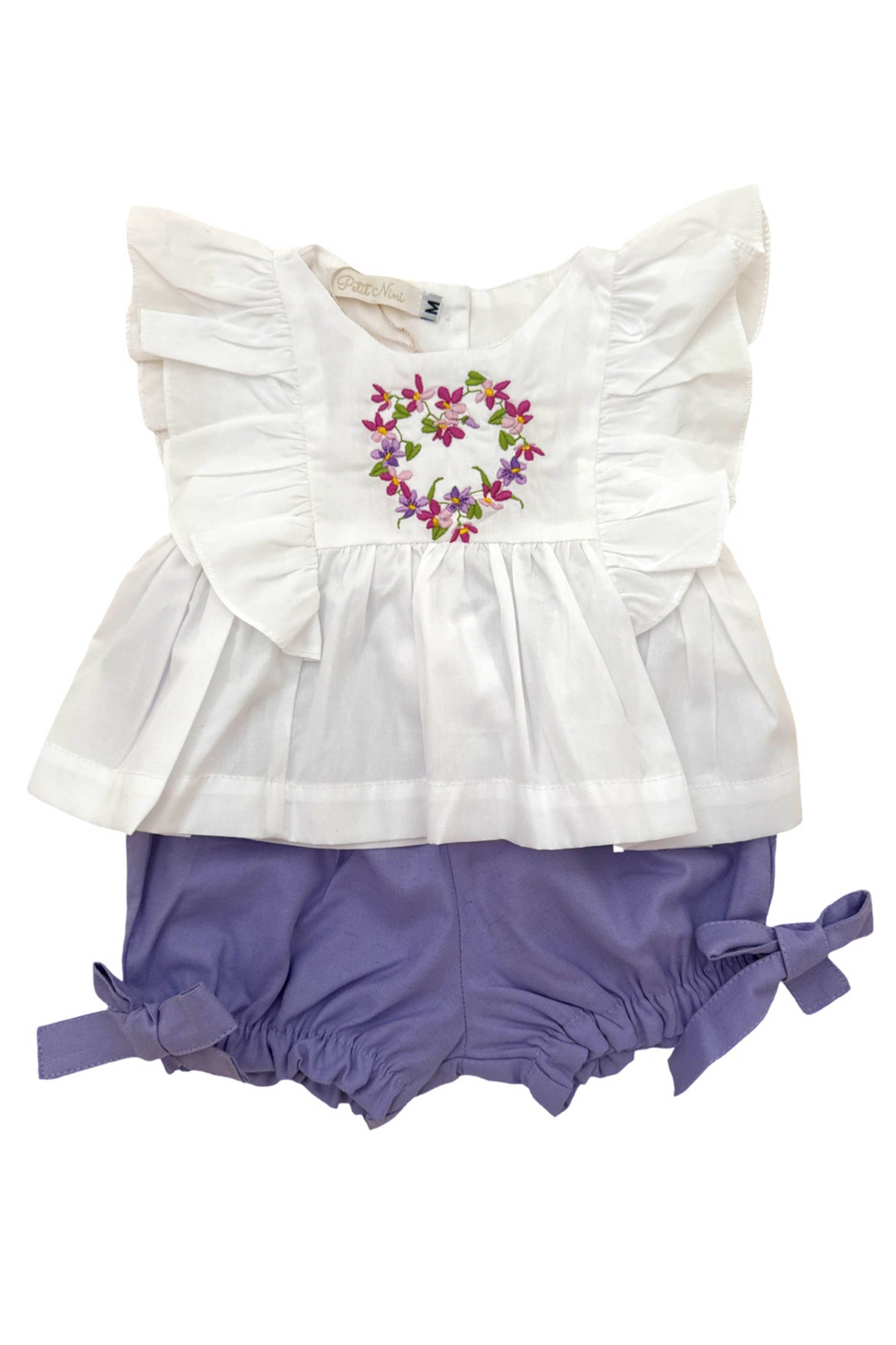 Conjunto Infantil Bata Branca Bordada e Shorts Lilás — foto 2