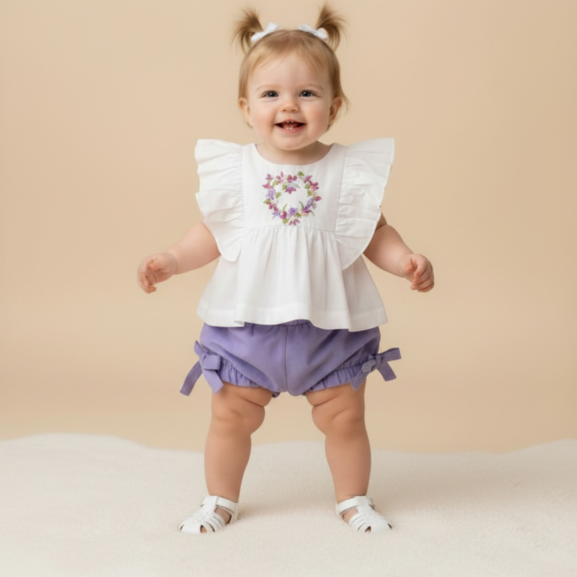 Conjunto Infantil Bata Branca Bordada e Shorts Lilás — foto 1