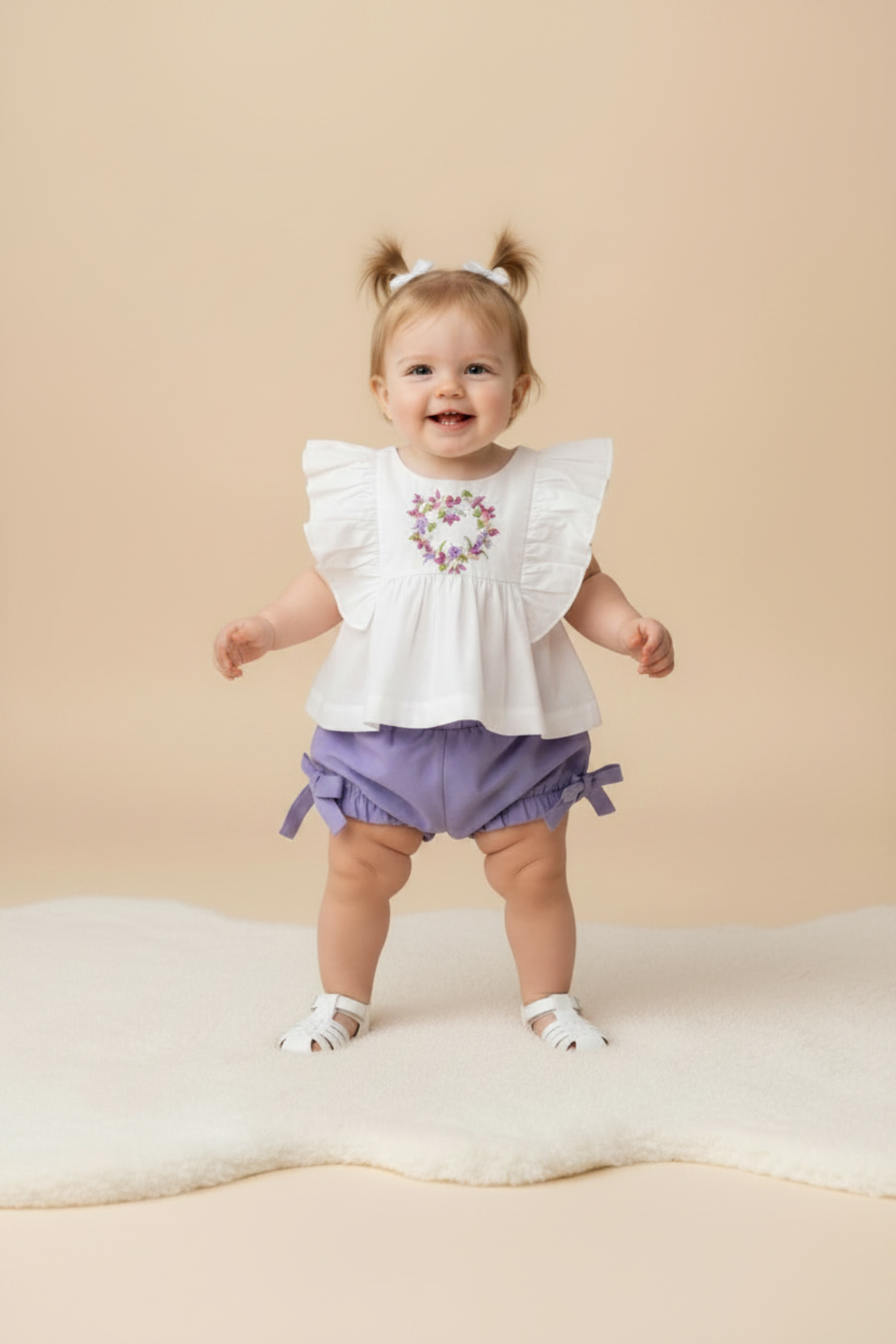 Conjunto Infantil Bata Branca Bordada e Shorts Lilás — foto 1