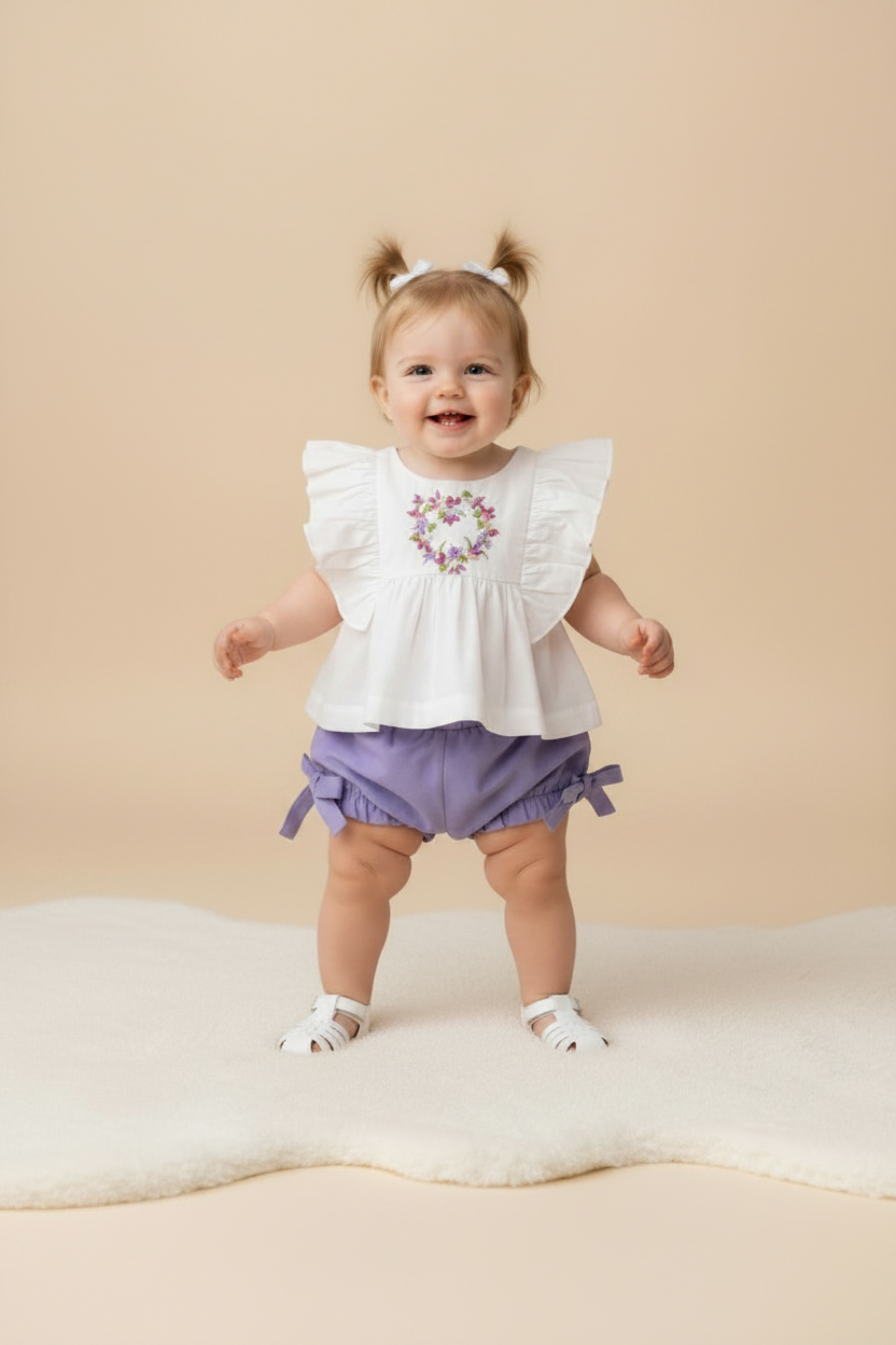 Conjunto Infantil Bata Branca Bordada e Shorts Lilás — foto 1