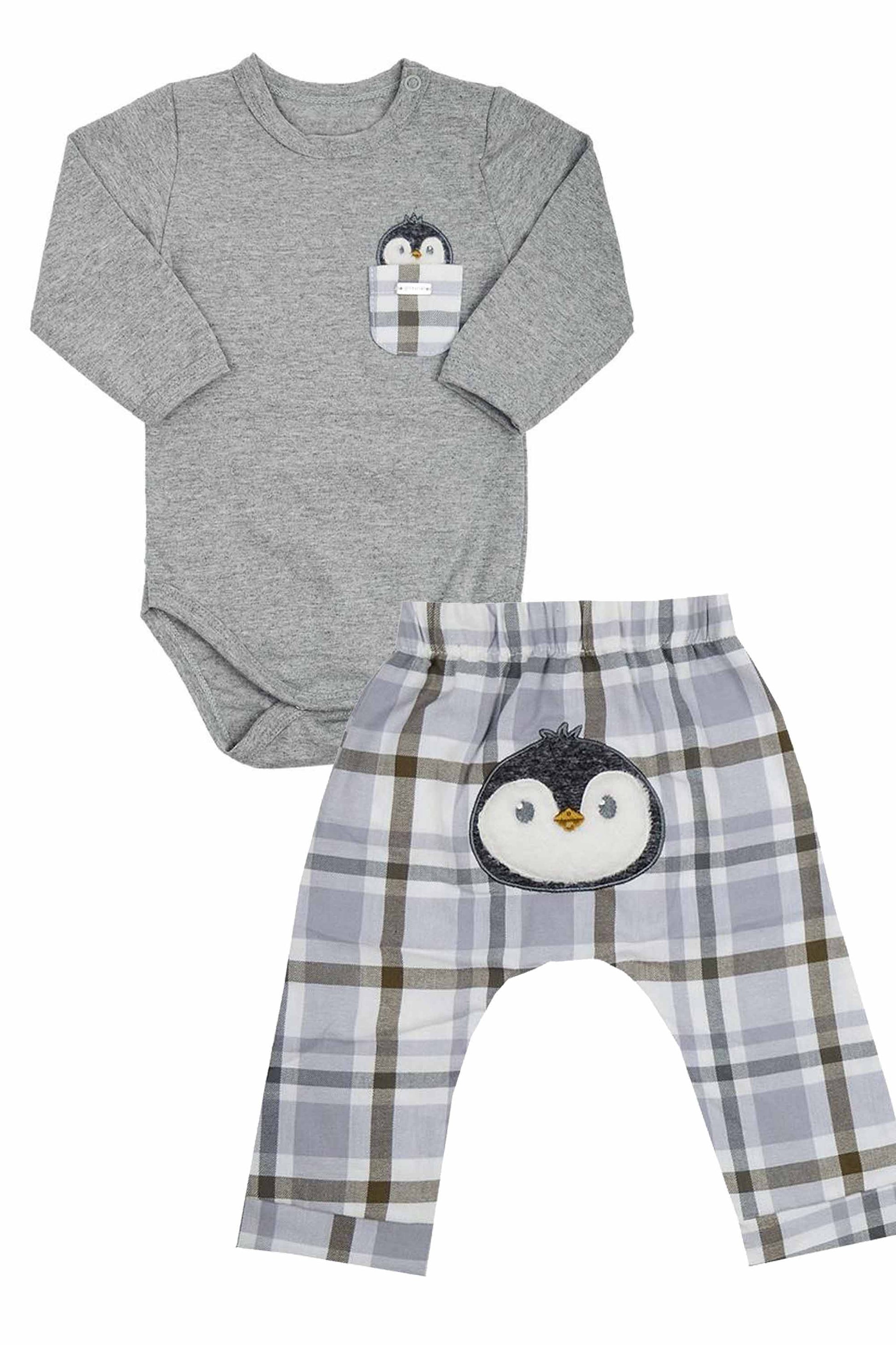 Conjunto Infantil Pinguim Cinza e Calça Xadrez — foto 3