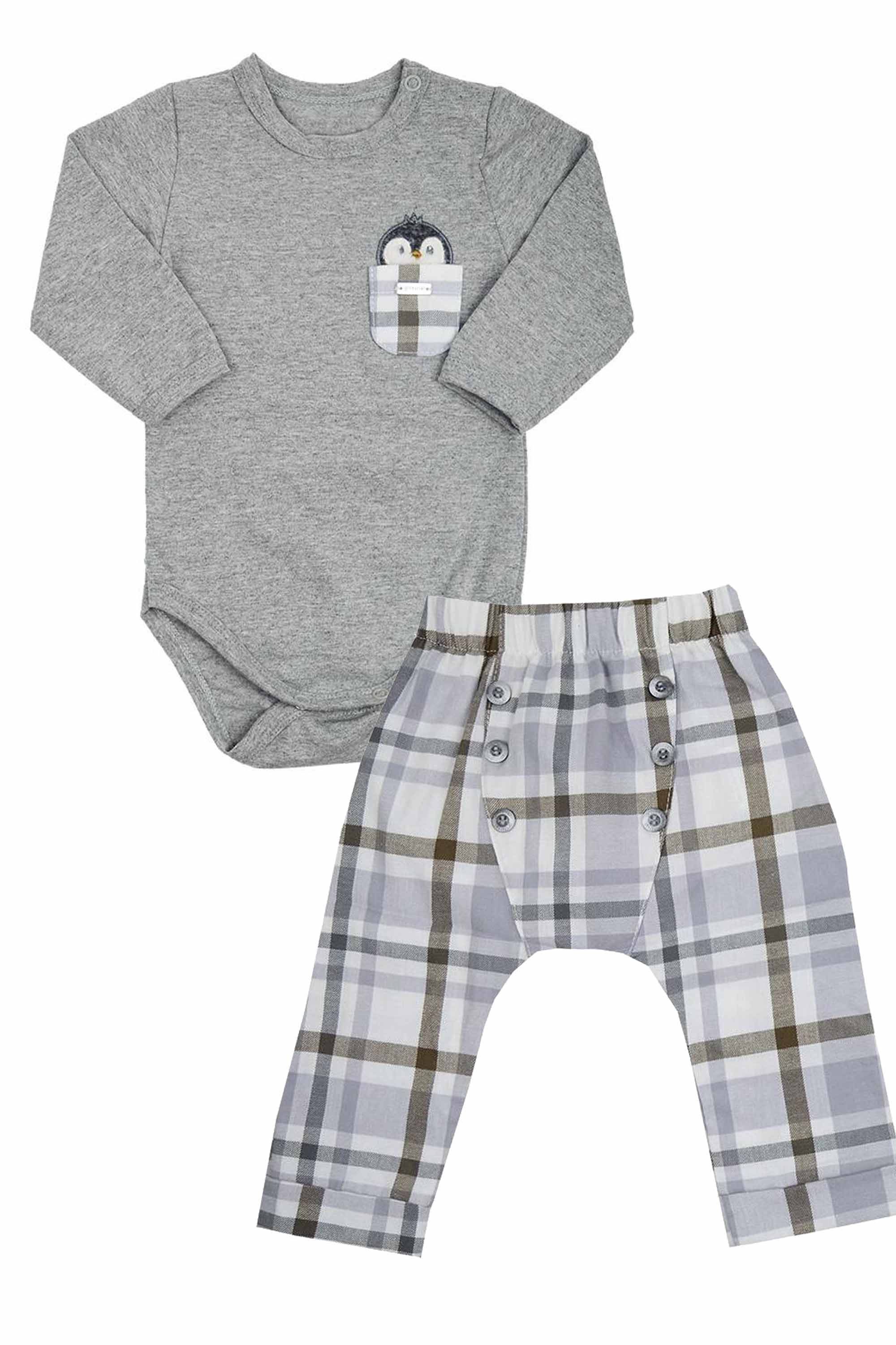 Conjunto Infantil Pinguim Cinza e Calça Xadrez — foto 2