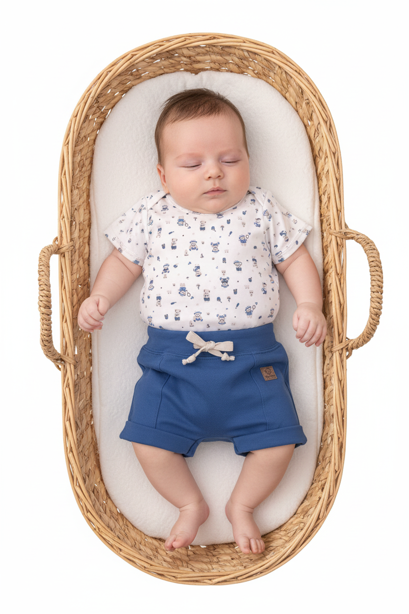 Conjunto Bebê Body Estampa Ursinho na Praia e Shorts Azul - Algodão Egípcio