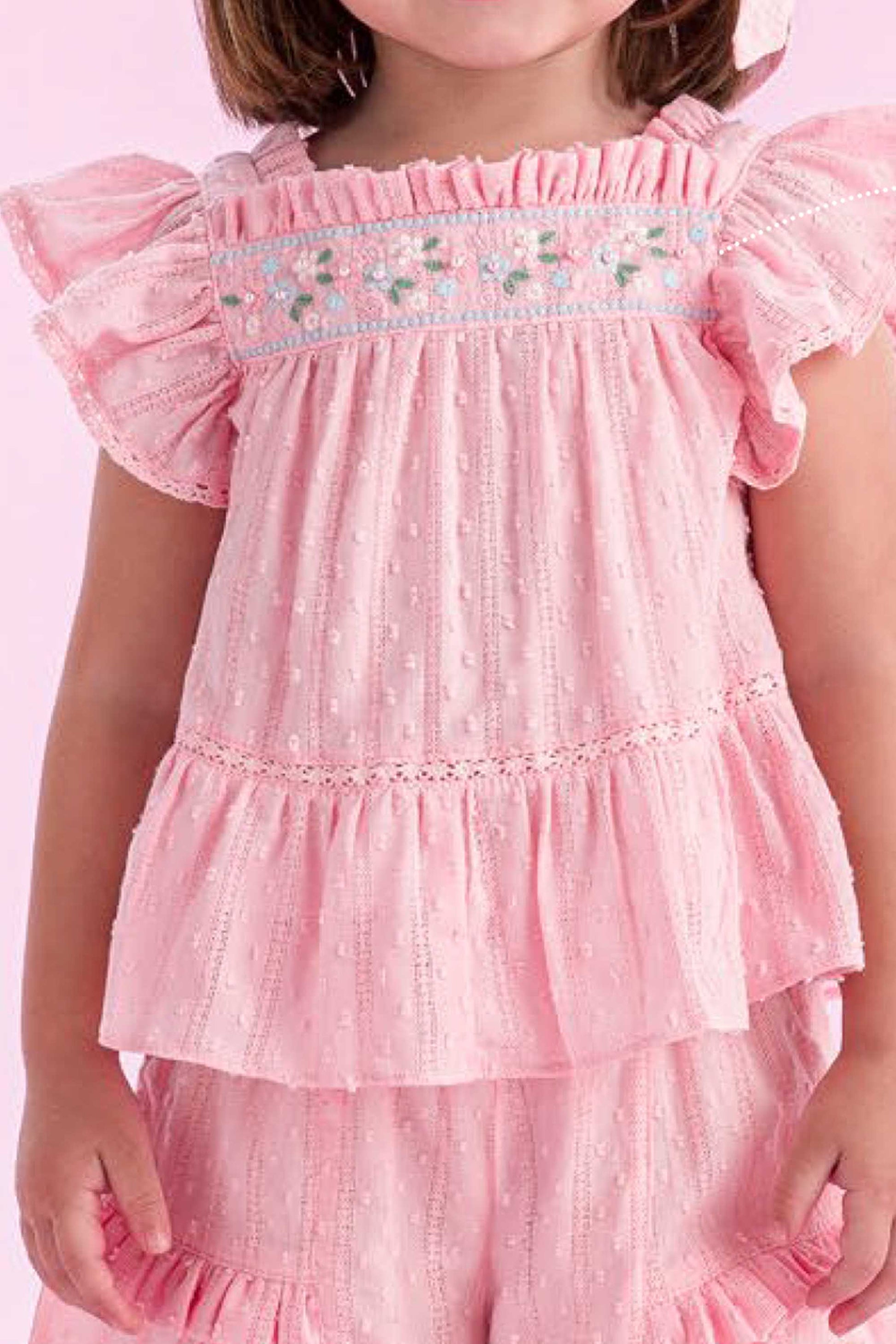 Conjunto Menina Infantil Bordado Tecido Poá Rosa Claro — foto 3