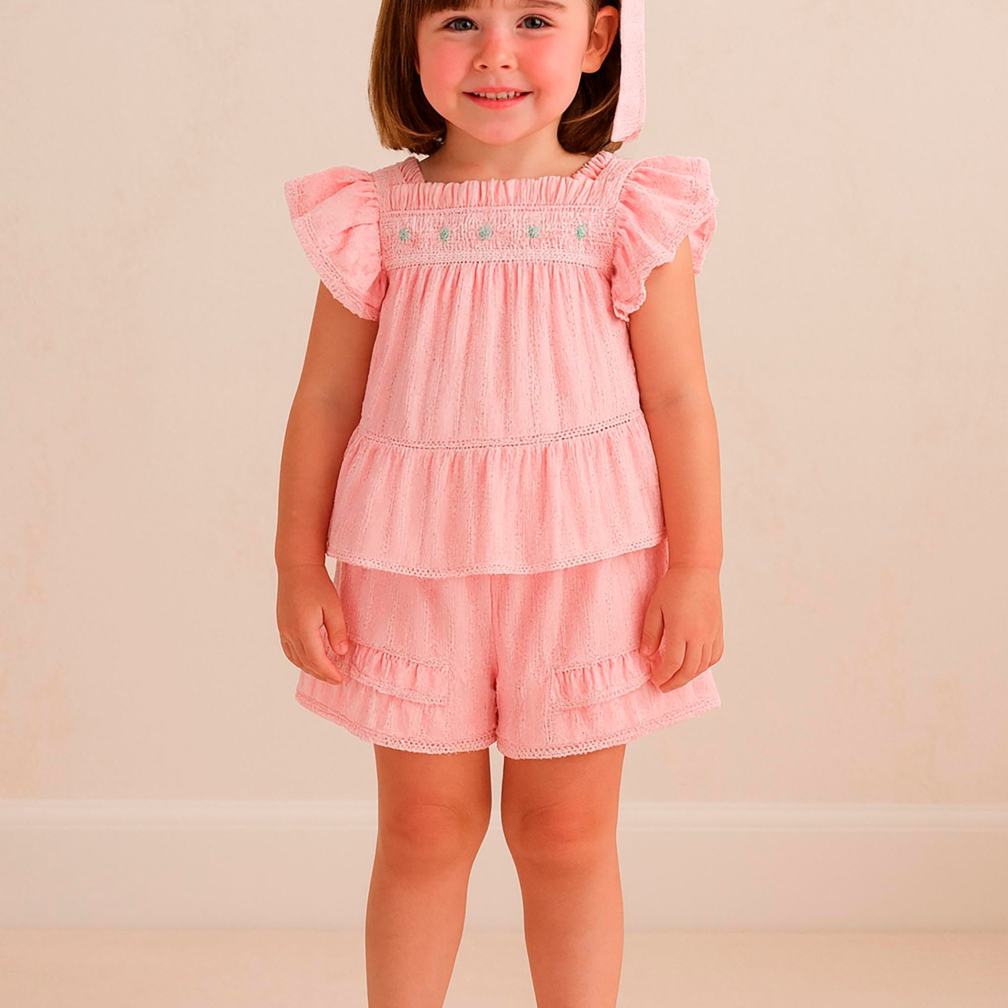 Conjunto Menina Infantil Bordado Tecido Poá Rosa Claro — foto 1