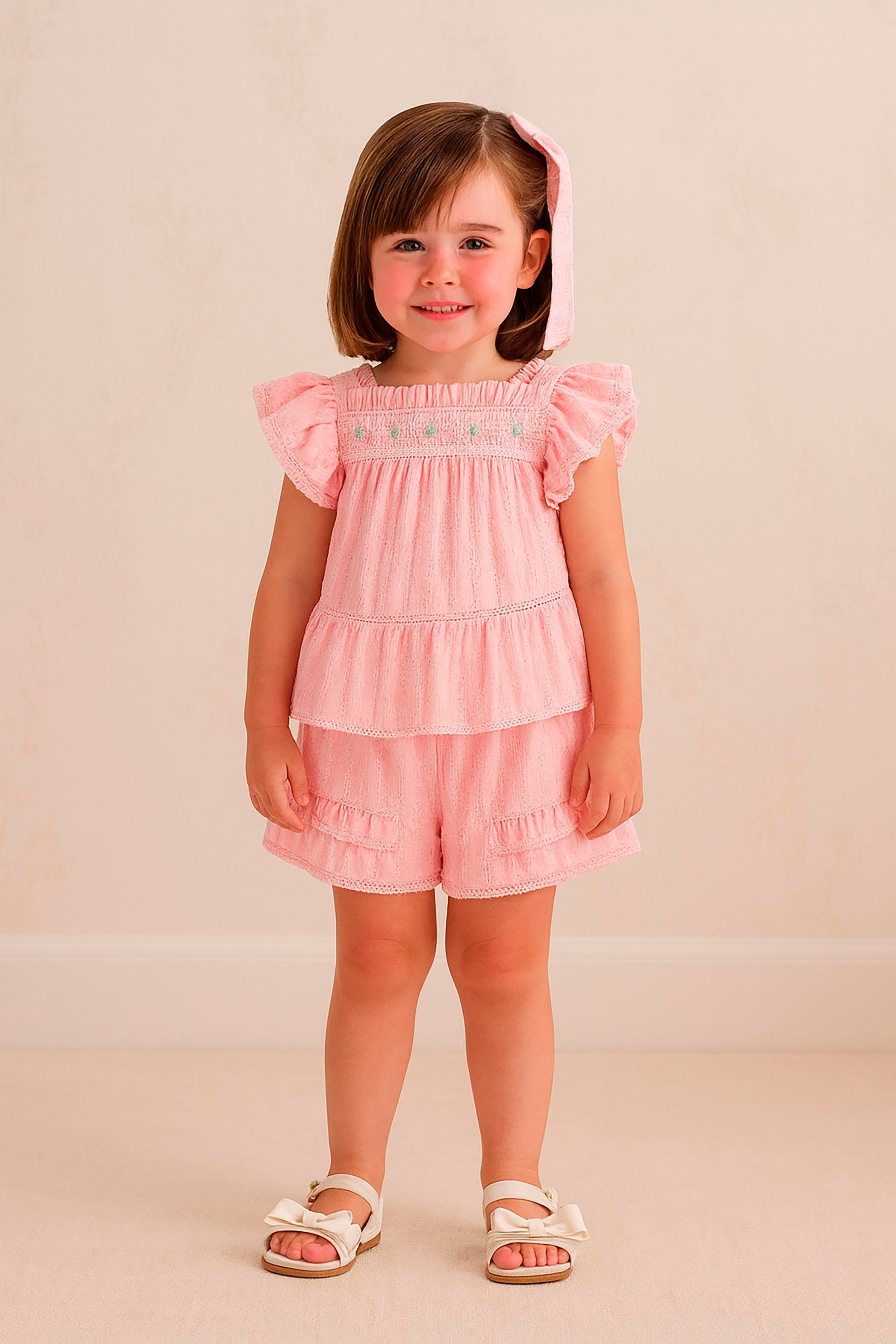 Conjunto Menina Infantil Bordado Tecido Poá Rosa Claro — foto 1