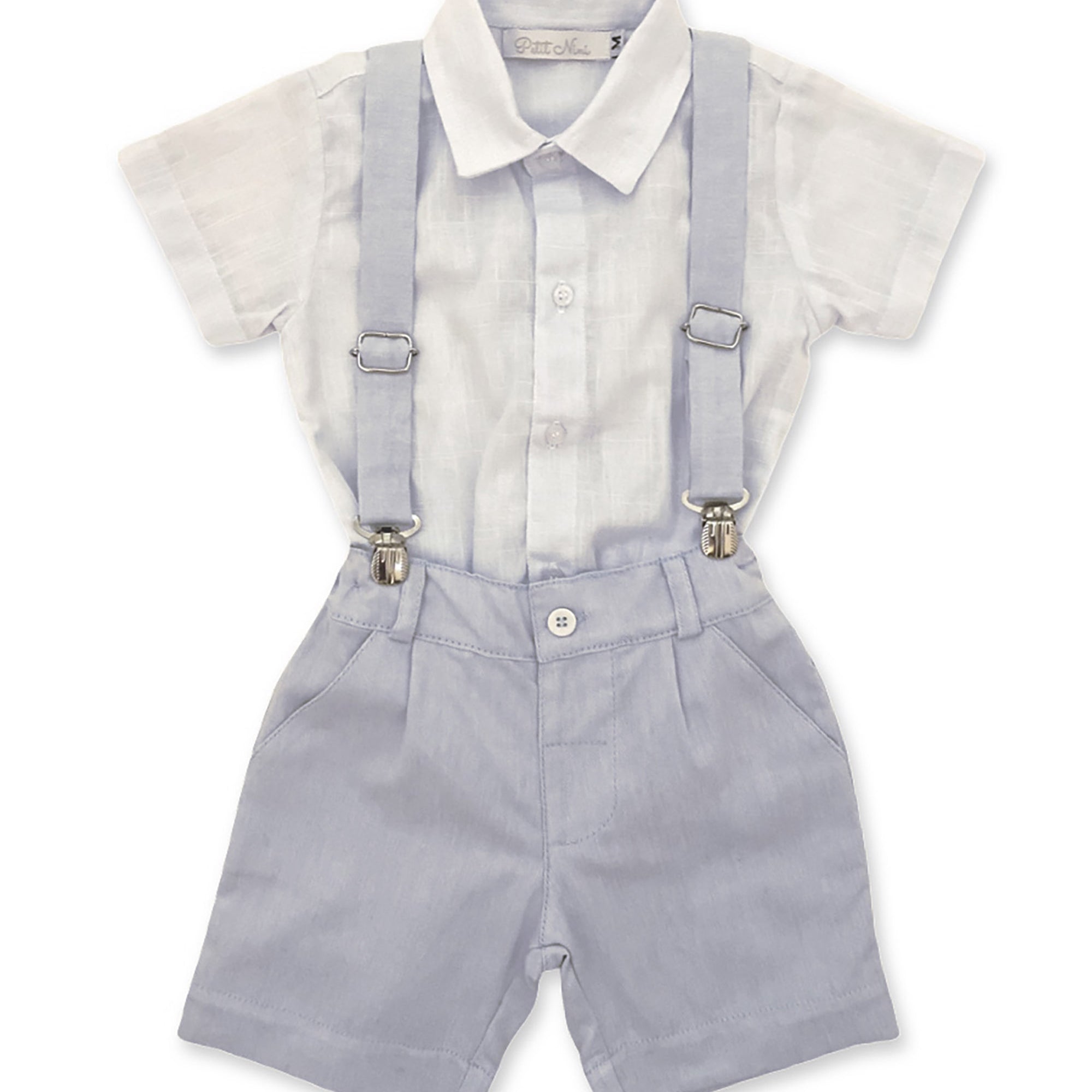 Conjunto Infantil Bermuda Camisa Branca e Suspensórios Azul Claro — foto 1