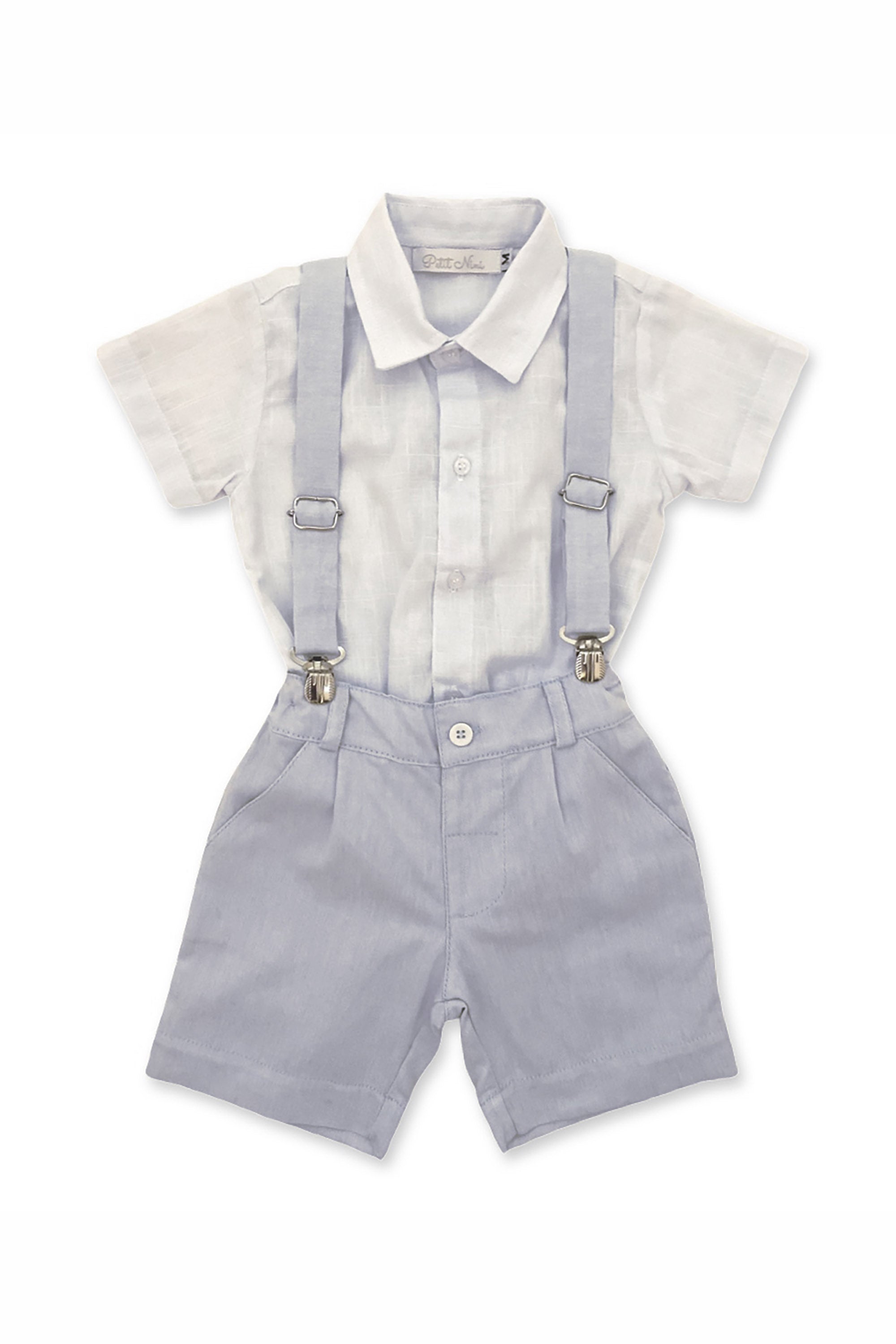 Conjunto Infantil Bermuda Camisa Branca e Suspensórios Azul Claro — foto 1