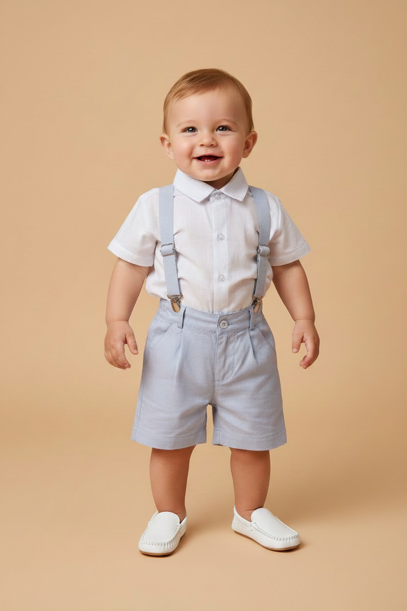 Conjunto Infantil Bermuda, Camisa Branca e Suspensórios Azul Claro