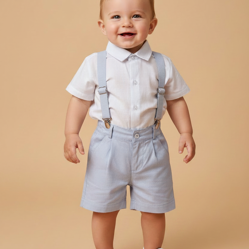 Conjunto Infantil Bermuda, Camisa Branca e Suspensórios Azul Claro