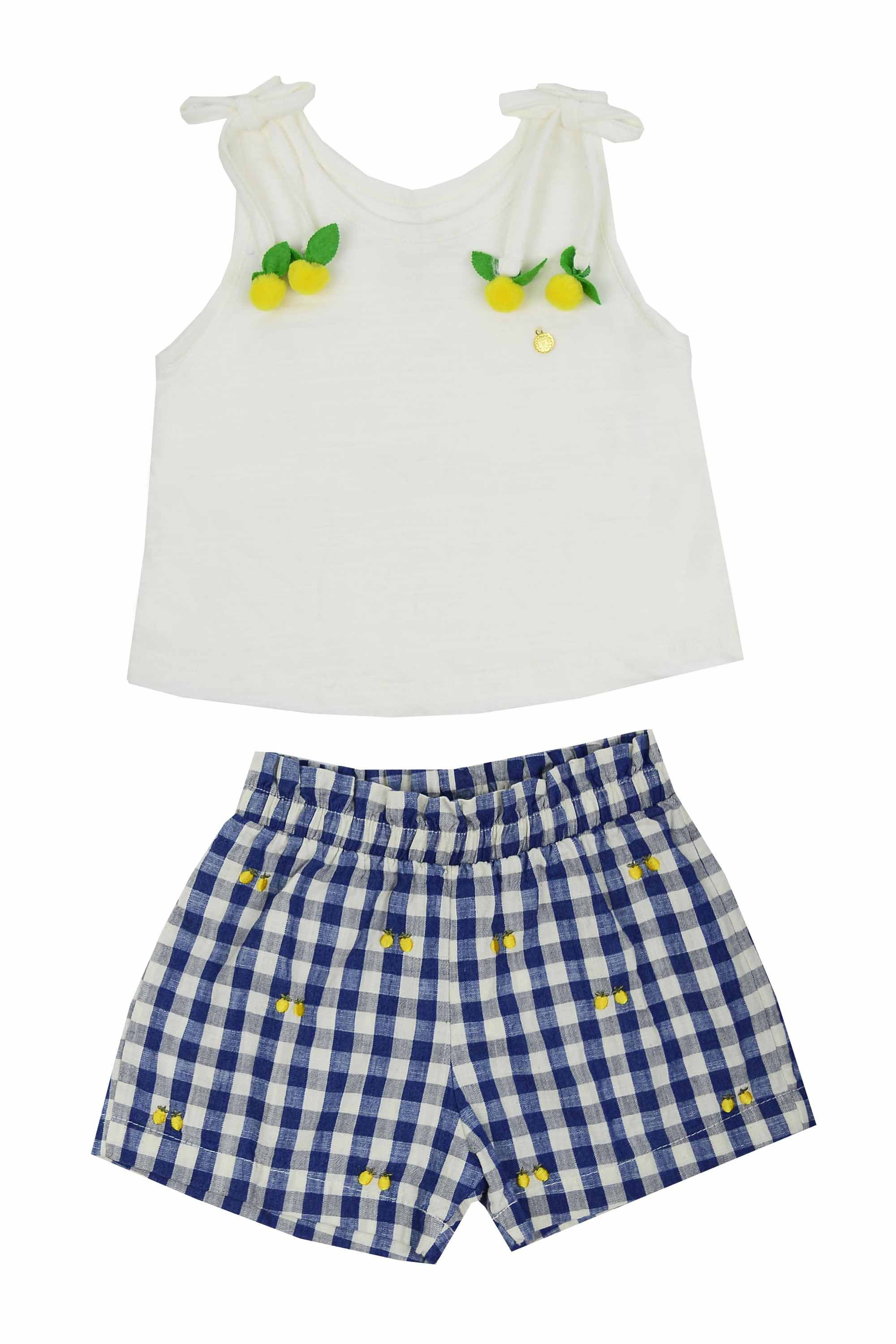 Conjunto Feminino Infantil Shorts Xadrez e Blusa com Detalhe Limão Siciliano — foto 1