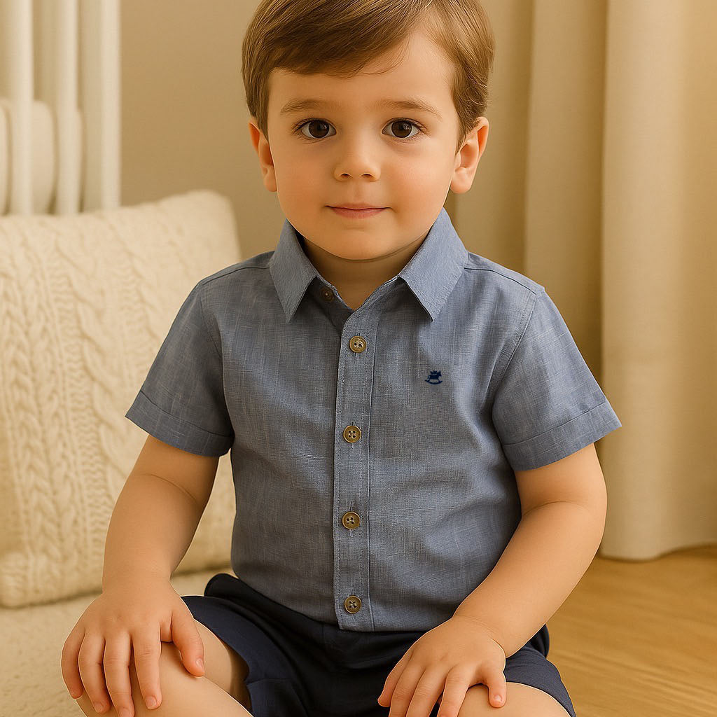 Conjunto Infantil Menino Alfaiataria Camisa e Bermuda Azul Marinho — foto 1