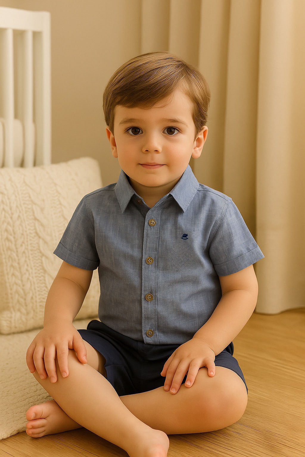 Conjunto Infantil Menino Alfaiataria Camisa e Bermuda Azul Marinho — foto 1