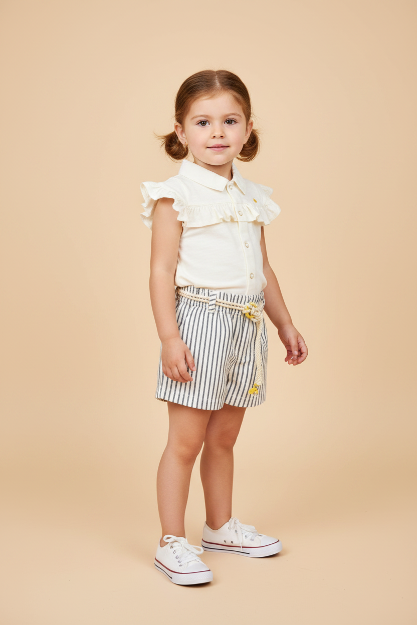 Conjunto Menina Blusa com Babados e Short Listrado Tema Náutico