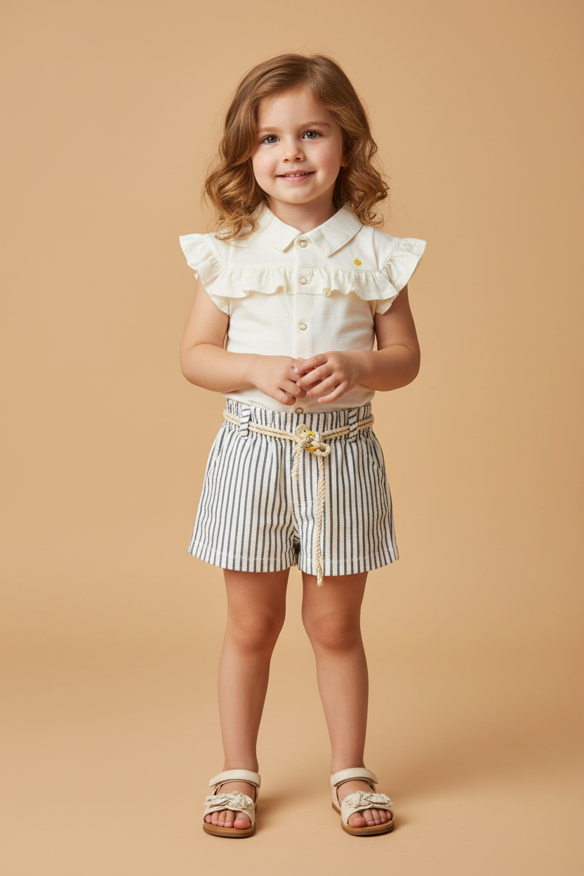 Conjunto Menina Blusa com Babados e Short Listrado Tema Náutico