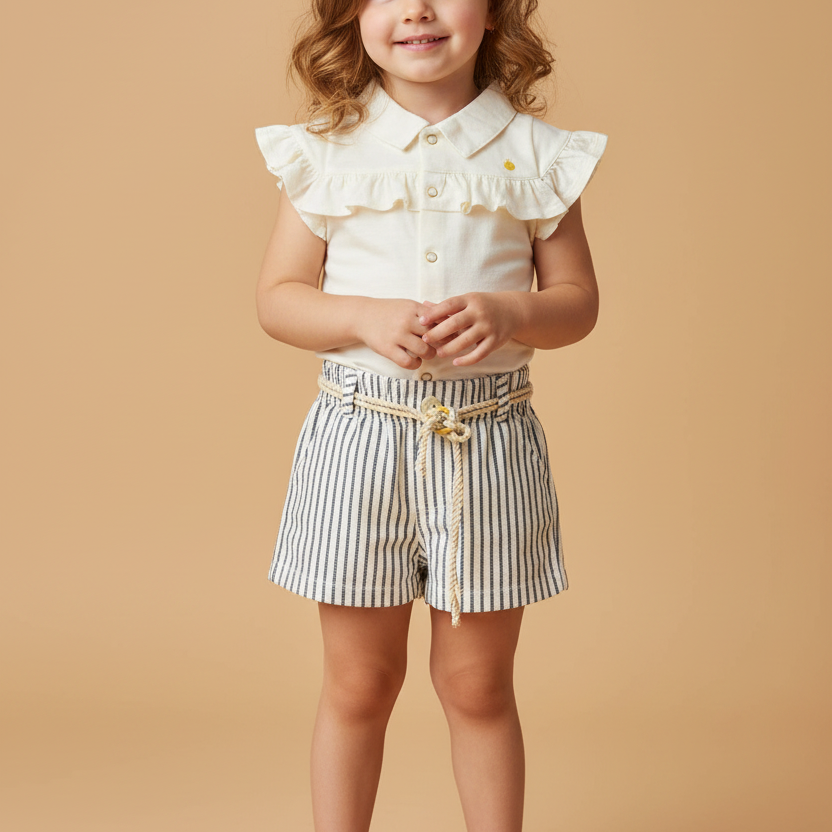 Conjunto Menina Blusa com Babados e Short Listrado Tema Náutico