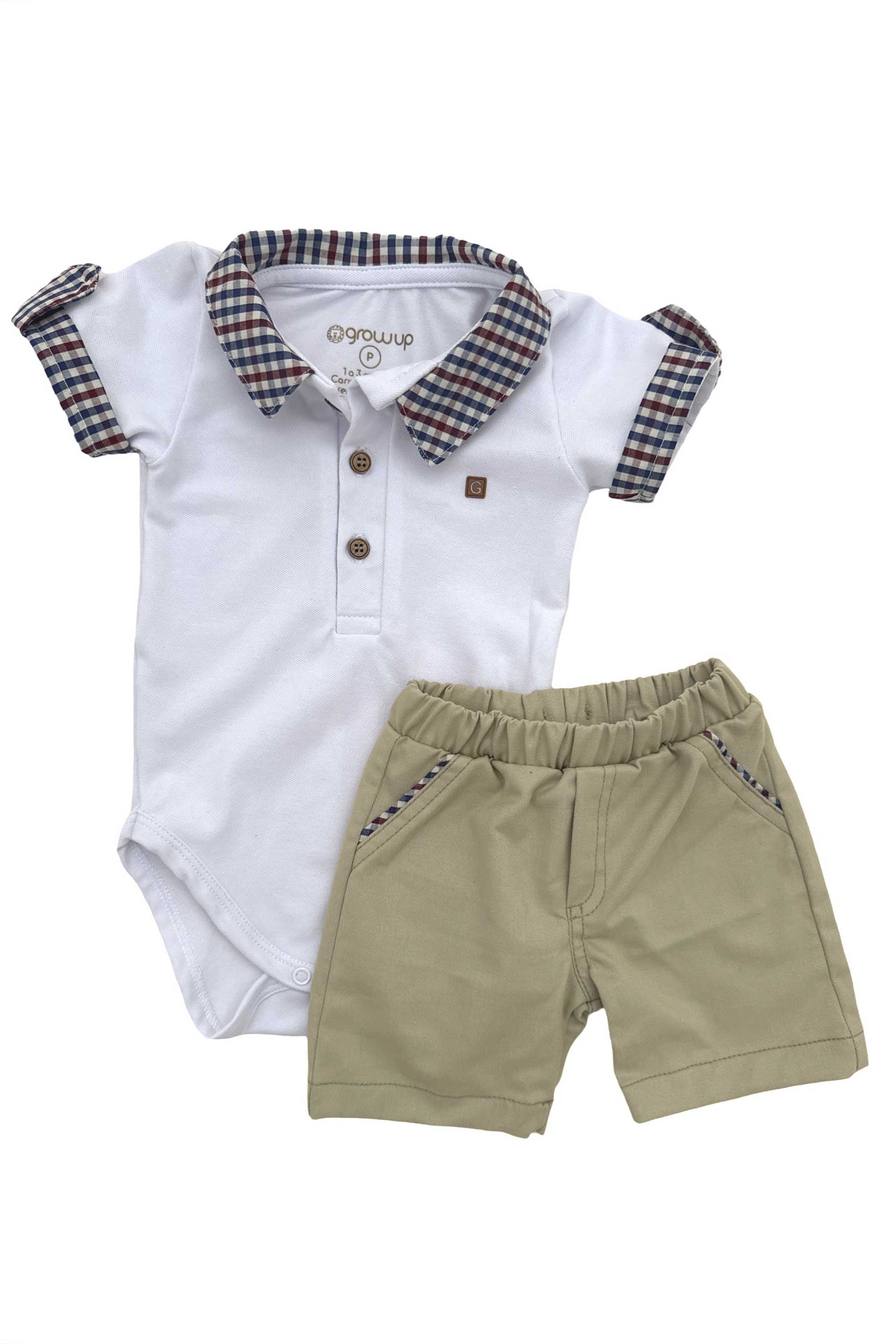 Conjunto Infantil Piemonte com Bermuda Bege e Body Branco com Gola Xadrez — foto 2