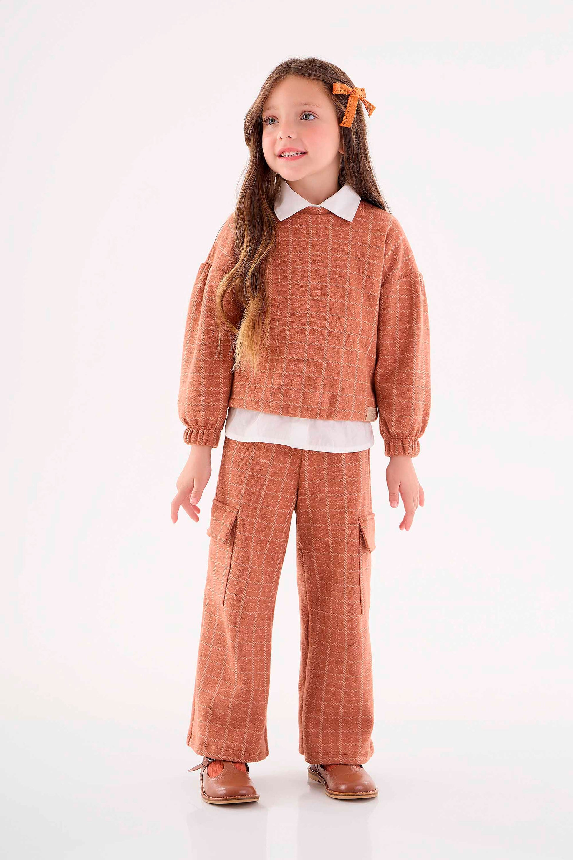 Conjunto Infantil em Malha para Meninas Jacquard Xadrez Marrom — foto 1
