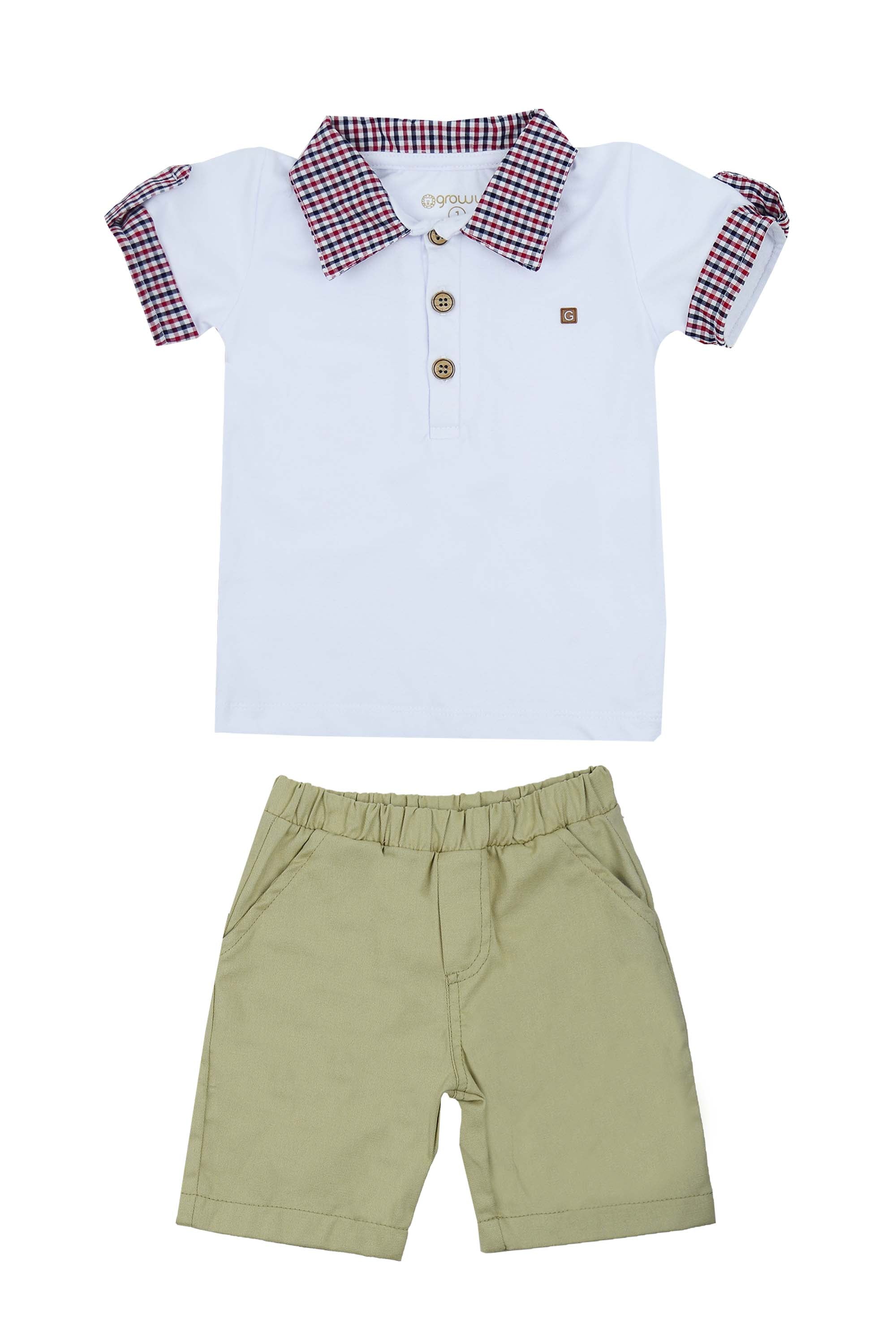Conjunto Infantil Masculino Piemonte Polo com Gola Xadrez e Bermuda Bege — foto 2