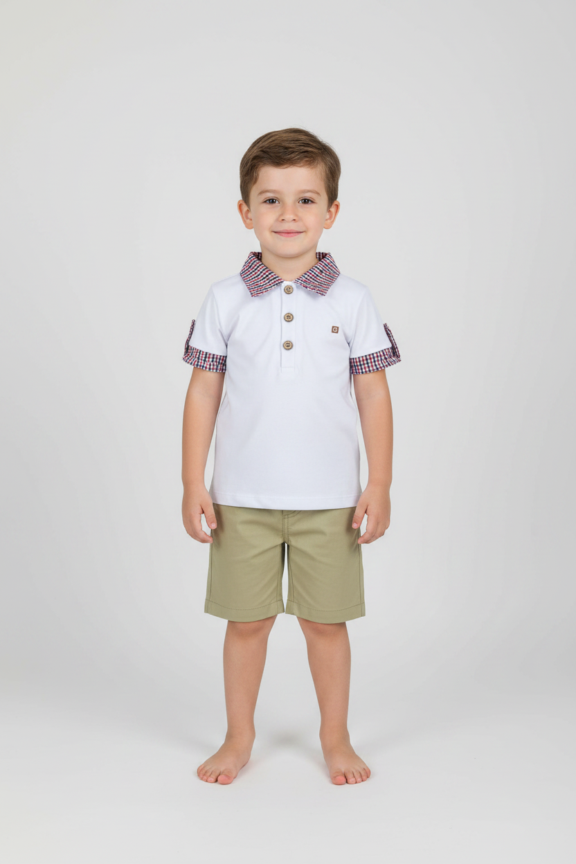 Conjunto Infantil Masculino Piemonte Polo com Gola Xadrez e Bermuda Bege — foto 1